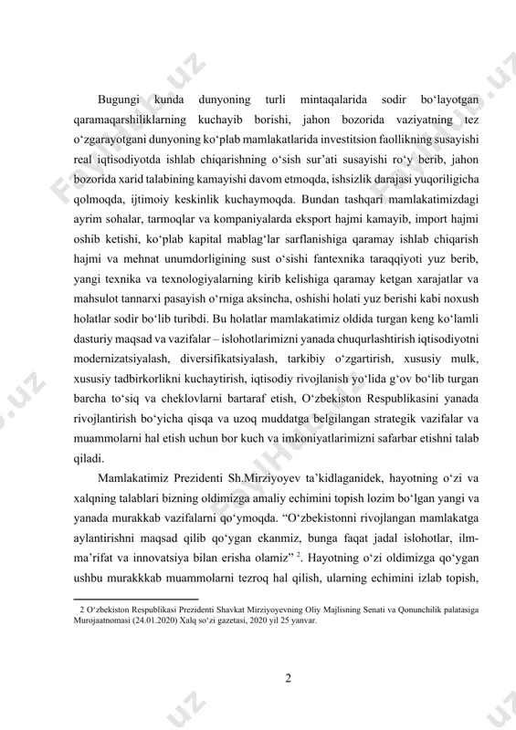 ifalar va muammolarni hal etish uchun bor kuch va imkoniyatlarimizni safarbar etishni talab qiladi. mamlakatimiz prezidenti sh.mirziyoyev ta’kidlaganidek, hayotning o‘zi va xalqning talablari bizning oldimizga amaliy echimini topish lozim bo‘lgan yangi va yanada murakkab vazifalarni qo‘ymoqda. “o‘zbekistonni rivojlangan mamlakatga aylantirishni maqsad qilib qo‘ygan ekanmiz, bunga faqat jadal islohotlar, ilm-ma’rifat va innovatsiya bilan erisha olamiz” [footnoteref:2]. hayotning o‘zi oldimizga qo‘ygan ushbu murakkkab muammolarni tezroq hal qilish, ularning echimini izlab topish, milliy istiqlol mafkurasining mazmunini va xususiyatlarini chuqurroq tushunish ko‘p jihatdan kishilarning iqtisodiyot sirlarini, ayniqsa, bozor iqtisodiyoti munosabatlarining mazmunini, ularning talablari, ziddiyatli va chalkash xususiyatlarini, qonun-qoidalarini, amalga oshirilayotgan keng ko‘lamli iqtisodiy islohotlarni yanada chuqurlashtirish, iqtisodiyotni erkinlashtirish, tarkibiy o‘zgartirish, modernizatsiyalash va diversifikatsiyalashning, ilm-fanni rivojlantirib, raqamli iqtisodiyotga o‘tishning maqsadi va mohiyatini chuqurroq bilishlariga bog‘liqdir. “iqtisodiyot nazariyasi” fani iqtisodiyot tushunchalarini, uning qonunqoidalarini, tejamli xo‘jalik yuritish sirlarini, turli kishilar va xo‘jaliklarning birbirlari bilan manfaatli iqtisodiy aloqada bo‘lib, unumli mehnat qilish, yangi texnika va texnologiyalarni, innovatsion g‘oyalarni …