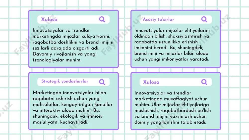 m beradi. 2 ma'lumotlarni tahlil olingan ma'lumotlar statistik usullar bilan tahlil qilinib, bozor tendensiyalari va xulq-atvordagi o'zgarishlar aniqlanadi. 3 xulq-atvor o'zgarishlari yangi texnologiyalar va ijtimoiy omillar bilan bog'liq xulq-atvor o'zgarishlari marketing strategiyalarini moslashtirishni talab qiladi. 4 strategiyalar o'rganilgan ma'lumotlar asosida shaxsiy va guruhli marketing strategiyalari ishlab chiqilib, raqobatda ustunlik ta'minlanadi. iste'molchilar xulq-atvorini o'rganish raqobatchilarni tahlil qilish raqobatchilarni tahlil qilishning ahamiyati raqobatchilarni tahlil qilish marketing strategiyasini ishlab chiqishda muhim rol o'ynaydi. bu jarayon kompaniyaga bozor pozitsiyasini tushunishga va raqobatchilarning kuchli va zaif tomonlarini aniqlashga yordam beradi. raqobatchilarni aniqlash va strategiyalarini o'rganish raqobatchilarni aniqlash uchun bozor segmentlarini o'rganish va ularning marketing faoliyatini kuzatish zarur. narxlar, reklama va mijozlarga xizmat ko'rsatish usullari bilan tanishish muhimdir. swot tahlili orqali raqobatchilarni baholash swot tahlili raqobatchilarni kuchli va zaif tomonlarini aniqlashda yordam beradi. bu strategik qarorlar qabul qilishda, imkoniyatlar va tahdidlarni baholashda asosiy vositadir. kelajakdagi trendlar va ularning ta'siri kelajak bozor trendlarini aniqlash uchun statistikalar, texnologik …