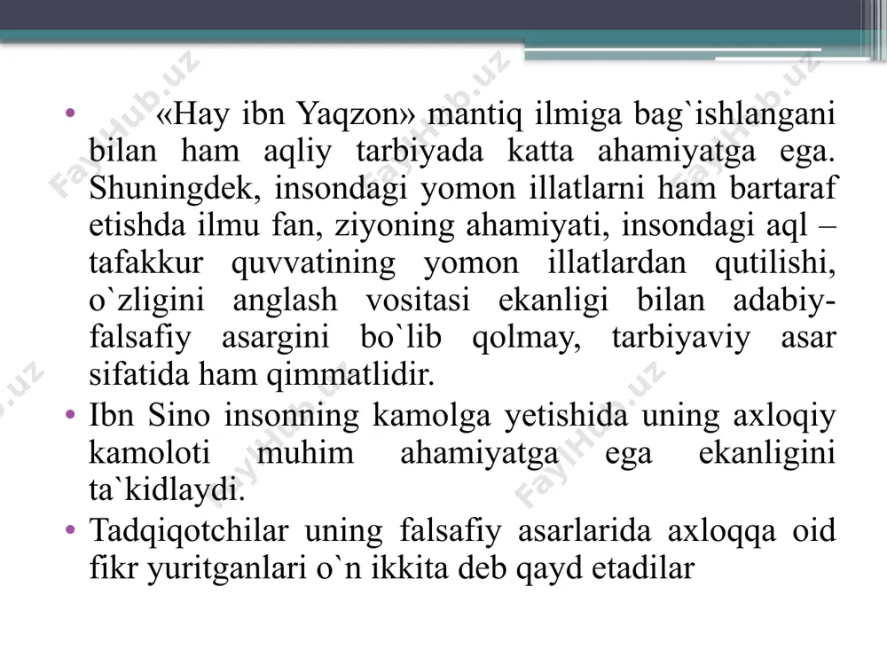 paydo bo`ladi. ibn sino musiqa ovozlarining kishi ruhiga ta`siri haqida ham o`z fikrlarini bayon etadi. ibn sinoning musiqaga oid asarlari u yashagan davr musiqa ilmidan juda muhim ma`lumotlar berishi bilan ham qimmatlidir. ibn sino aqliy tarbiya turli bilimlarni o`rganish natijasida amalga oshsa, axloqiy tarbiya ko`proq yaxshi axloqiy xislatlarni mashq qildirish, odatlantirish, suhbat orqali amalga oshadi, deb ta`lim berdi. inson hissiy va ma`naviy talablarni ajratib olish imkoniyatiga ega ekan, bu imkoniyat asta-sekin inson fe`l-atvoriga xos xislatga aylana boradi. ibn sino insonning shakllanishida uning atrofini o`rab olgan tashqi muhit, odamlar alohida rol o`ynaydi, ana shu tashqi muhit va odamlar insonning atrof-dunyoni bilishigagina emas, balki uning hulqida yaxshi yoki yomon jihatlarning tarkib topishiga ham ta`sir etadi. shuning uchun ham bolalarni tarbiyalashda ehtiyotkor bo`lish kerakligini, bola yomon odatlarga o`rganmasligi uchun, uni yomon odamlardan, yomon muhitdan uzoqroq saqlash zarurligini uqtiradi. ibn sinoning tarbiyaviy qarashlarida oila va oilaviy tarbiya masalalariga keng o`rin berilgan. chunki inson avvalo …