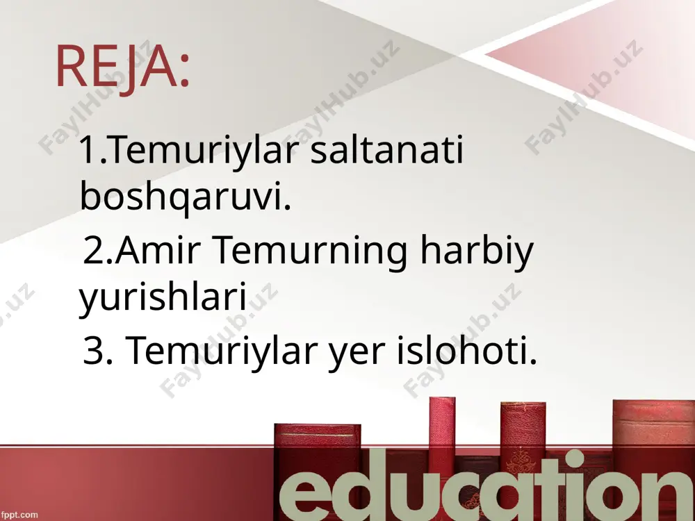 taraf etishga, 118 qo‘shindagi jangovar ruhni yuksak darajada ushlab turishga erishgan. qo’shinning jangovor qismlari 3 qismdan iborat. 1.markaz 2.o’ng qism (burung’or) 3.chap qism (juvong’or) amir temur qo‘shiniga chorvadorlar qatori o‘troq aholidan ham askar to‘plangan. askariy qismlarni viloyatlardan to’plash bilan tavochi mansabidagi amaldorlar shug‘ullanar edi. qo‘shinda harbiy kuchlarning asosini tashkil qilgan otliq askarlar bilan bir qatorda piyodalar ham xizmat qilgan. amir temur qo‘shini son jihatdan aniq tashkil etilgan ibn arabshohning guvohlik berishicha, sohibqiron qo‘shinida ayollardan iborat bo‘linmalar bo‘lib, ular erkaklar bilan bir safda turgan, qahramonlik va matonat namunalarini ko‘rsatgan. harbiy yurish paytida oldinda xabar­ chilar, ular orasidan yasovul bo‘linmasi, undan keyinroqda manglay – avangard qism borardi. manglay bilan qo‘shinning asosiy qismlari oralig‘ida esa qo‘mondonning qarorgohi va uning yon atrofida zaxira (rezerv) qismlar joylashgan bo‘lib, u “izofa” deb yuritilgan. amir temur qo‘shinining asosiy jangovar qismlari markaz, o‘ng – burong‘or va chap – juvong‘or qanotlaridan iborat bo‘l-gan. har bir qanotning oldida bittadan qo‘shimcha …