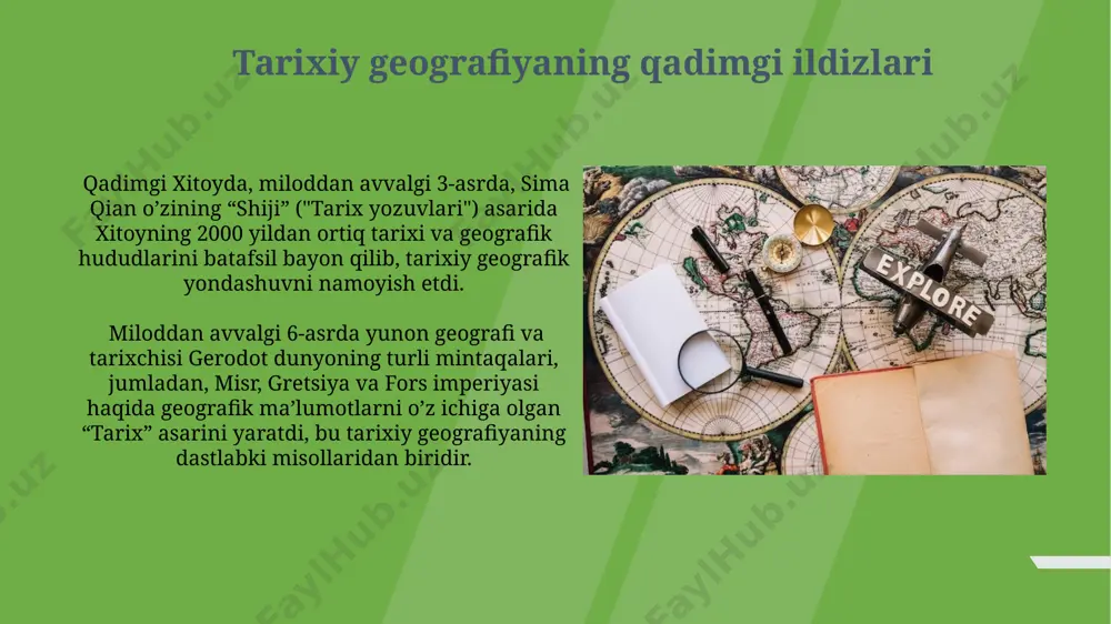 stofer kolumb va vasko da gama kabi taniqli shaxslarning safarlari natijasida atlantika okeani orqali yangi dengiz yoʻllari ochildi, bu esa jahon savdosini tubdan oʻzgartirdi. 20-asr geografiyasi: kvantitativ inqilob 20-asrning o'rtalarida, xususan 1950-yillardan boshlab, aqsh va buyuk britaniyada kvantitativ inqilob geografik tadqiqotlarga matematik usullarni qo'llash orqali yangi impuls berdi. ushbu inqilob tufayli, geografik ma'lumotlarni qayta ishlash uchun kompyuterlar keng qo'llanila boshlandi, bu esa katta hajmdagi ma'lumotlarni tahlil qilish imkonini berdi. geografiyaning tarmoqlanishi sovet ittifoqi hududida, 1930-yillardan boshlab, geografiyaning 7 dan ortiq asosiy yo'nalishlari, shu jumladan, jismoniy va ijtimoiy-iqtisodiy geografiya tez sur'atlar bilan rivojlandi. geografik tadqiqotlarning 20-asrning ikkinchi yarmidan boshlab, masalan, 50 dan ortiq davlatni qamrab olgan mintaqaviy tadqiqotlarning kengayishi va murakkablashuvi kuzatildi. zamonaviy tarixiy geografiya zamonaviy tarixiy geografiya 20-asrning ikkinchi yarmidan boshlab, masalan, geoinformatika va gis texnologiyalari kabi raqamli vositalardan keng foydalanish bilan rivojlandi, bu esa 1970-yillardagi global miqyosdagi tadqiqotlarga ta'sir ko'rsatdi. tarixiy geografiyaning zamonaviy yondashuvi 3-4 asrlar oralig'ida gretsiya va …