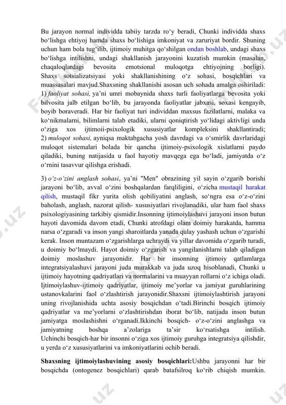 ri kiradi. aynan shu yerda ijtimoiylashuv va tarbiya jarayonlari maxsus tarzda uyqunlashtiriladi. bizning ijtimoiy tasavvurlarimiz shundayki, maktabni biz ta’lim oladigan, bola bilimlar tizimini o‘zlashtiradigan maskan sifatida qabul qilamiz. lekin aslida bu yer ijtimoiylashuv tarbiyaviy vositalarda yuz beradigan maskandir. bu yerda biz ataylab tashkil etilgan, oxirgi yillarda joriy etilgan «ma’naviyat darslari», «etika va psixologiya» kabi tarbiyalovchi fanlarni nazarda tutmayapmiz. gap har bir darsning, umuman maktabdagi shart-sharoitlar, umumiy muhitning tarbiyalovchi roli haqida. masalan, dars paytida o‘qituvchi butun diqqati bilan yangi darsni tushuntirish bilan ovora deylik. uning nazarida faqat dars, mavzuning mazmuni va undan ko‘zlangan maqsad asosiyday. lekin aslida ana shu jarayondagi o‘qituvchining o‘zini qanday tutayotganligi, kiyim - boshi, mavzuga sub’ektiv munosabati va qolaversa, butun sinfdagi o‘quvchilarga munosabati hamma narsani belgilovchi, ijtimoiy tajriba uchun muhim ahamiyatga ega bo‘lgan omildir. shu nuqtai nazardan o‘quvchilar didi, kutishlari va talablariga javob bergan o‘qituvchi bolalar tomonidan tan olinadi, aks holda esa o‘qituvchining ta’siri faqat salbiy rezonans beradi. …