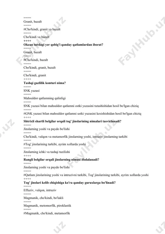 ik hosilaga ==== ostki va ustki tomonidan uzaro parallel yuzalar bilan chegaralangan xar hil tarkibli jinslar to’plamiga ==== ma'lum bir davr mobaynida dengiz sharoitida tuplangan jinslarga ++++ tog' jinslarining mutloq (absolyut) yoshini aniqlash usullari nimaga asoslangan? ==== cho'kindi hosil bo'lish tezligiga ==== #tarkibidagi radiaktiv elementlarning yarim yemirilish davrlariga ==== tarkibidagi faunalarni o'rganishga ==== qatlamlarni bir-biriga nisbatan joylashishiga ++++ tog' jinslarining nisbiy yoshini aniqlashning paleontologik usuli nimaga asoslangan? ==== cho'kindi jinslar tarkibini o'rganishga ==== tarkibidagi radiaktiv elementlarni yarim emirilish davriga ==== #tarkibidagi organizm ==== (fauna) qoldiqlarini o'rganishga ==== qatlamlarni bir-biriga nisbatan joylashishiga ++++ tog' jinslarini nisbiy yoshini aniklashning stratigrafik usuli nimaga asoslangan? ==== cho'kindi jinslar tarkibini o'rganishga ==== tarkibidagi radiaktiv elementlarni elementlarni yarim yemirilish davriga ==== #qatlamlarni bir-biriga nisbatan joylashishiga ==== qatlamlarni tarkibini o'rganishga ++++ birlamchi migrasiya nima? ==== neft va gazni qatlamlardagi harakati ==== neft va gazni uyumdagi harakati ==== neft va gazni mahsuldor qatlamdagi harakati ==== #uglevodorodlarni hosil qiluvchi …