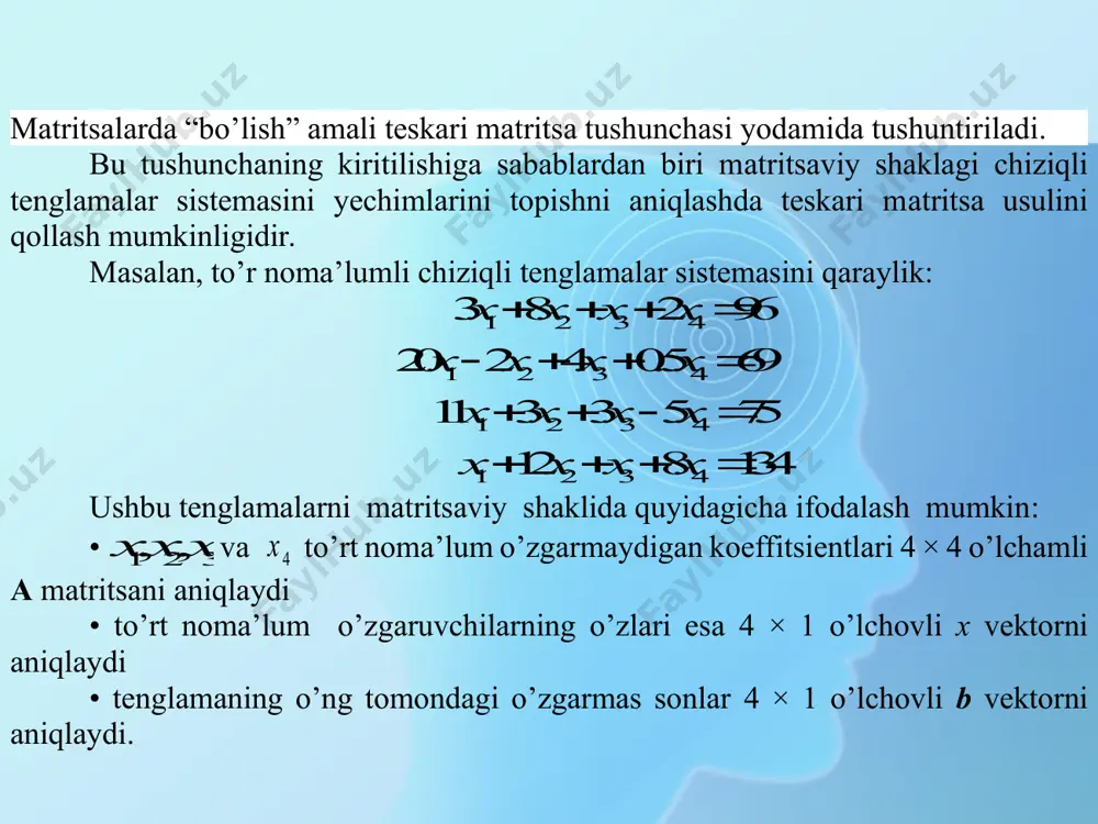 umiy hol uchun ham m atritsaviy usulni qollash mumkin. n ta 12,,,nxxx noma’lumli n chiziqli tenglamalar sistemasi berilgan bo’lsin. 123,,,,nbbbb ozod hadlar. 11112211211222221122nnnnnnnnnnaxaxaxbaxaxaxbaxaxaxb bu n noma’lumli n ta chiziqli tenglamalar sistemasini ax = b matritsaviy ko’rinishda yozish mumkin, bu yerda a n × n o’lchovli koeffisientlar matritsasi 111212122212nnnnnnaaaaaaaaaa , 12nxxxx - noma’lumlar matritsasi, 12nbbbb - ozod hadlar matritsasi. bu birgalikdagi ax=b tenlamalar sistemasini qanday x no’malumlar uchun yechish mumkin? agar ax = b tenlamada a va b matritsa bo’lamasdan son bo’lganida, u holda bu munosabatdan x noma’lumni 1xab korinishida soda toppish mumkin bo’lar edi. x, a va b matritsalar bo’lganda ham shi manoda yechim topishga harakat qilamiz. n ta noma’lum va m ta tenglamadan iborat chiziqli tenglamalar sistemasi deb quyidagi sistemaga aytiladi. 1111221121122212211221122,jjinnjnniiijjinnimmmjimnnmaxaxaxaxbaxaxaxaxbaxaxaxaxbaxaxaxaxb (4.1) bu yerda ),1;,1(, njmiba iij  - berilgan sonlar bo’lib,  ij a noma’lumlar oldidagi koeffitsientlar,  i b ozod hadlar deyiladi. 1111211221222212,,nnmmmnmnxaaabxaaabaxbaaabx bu yerda a …