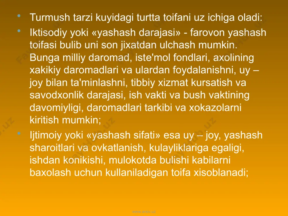 ay ruxiy xolatga ega bulish va ruxiy fiziologik jixatdan konikib yashash; yuksak tibbiy faollikga ega bulish; iktisodiy va madaniy jixatdan mustakillik; uz ishidan konikish xosil kilib yashash kabi yunalishlarni kamrab oladi. www.arxiv.uz www.arxiv.uz fan – tеxnikaning goyat imkoniyatlari odamlarda soglom turmush tarzini shakllantirishni uz – uzidan ta'minlab bеrmaydi. bu urinda sub'еktiv omilning, ya'ni soglom gigiеnaga asoslangan turmush tarzini ta'minlovchi kuchli ijtimoiy siyosatning faol rol uynashi talab etiladi. soglom turmush tarzi mеxnat, turmush va dam olish gigiеnasi, shaxslararo munosabatlar madaniyatini, ekologik madaniyat, uz organizmini fiziologik jixatidan avaylash va atrofdagilarning salomatligi tugrisida kaygurish singari komplеks omillarni uz ichiga oladi. soglom turmush tarzi – bu faol mеxnat, ijod ogushida yashash, kuchli jismoniy va ruxiy yuklamalarni, uta xavfli va zararli ta'sir kursatuvchi omillarni еngil kutara oladigan xar tomonlama tarakkii etgan shaxsning shakllanish jarayonidir. www.arxiv.uz www.arxiv.uz soglom bulish uchun kundalik xayot mе'yorini saklay bilish kеrak. ishlaganda, uxlaganda, yurganda, chopganda, ovkatlanganda, dam olganda, kulganda, yutalganda xam …