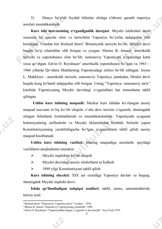 oslanib, quyidagi vazifalarni aniqlashimiz mumkin: · meydzi inqilobini ko‘rib chiqish · meydzi davridagi asosiy islohotlarni ta’kidlash · 1889 yilgi konstitutsiyani tahlil qilish kurs ishining obyekti: xix asr oxiridagi yaponiya davlati va huquqi, shuningdek meydzi inqilobi davri. ishda qo‘llaniladigan tadqiqot usullari: tahlil, sintez, umumlashtirish, tarixiy usul. kurs ishi tarkibi: kurs ishing tarkibi kirish qism, 3 bob va paragirflar, xulosa va foydalanilgan adabiyotlar, jami 52 sahifadan iborat. i - bob. meydzi inqilobining asl mohiyati va asosiy jihatlari 1.1. meydzi inqilobining vujudga kelishiga sabab bo‘lgan omillar 1868-yilda yaponiya tarixida juda muhim tub burilish davr boshlandi. shu yilda bo‘lib o‘tgan voqea “meydzining qayta tiklanishi”, yoki “meydzi-isin” deb nomlandi. ularning dastlabki siyosiy natijasi syogunning ag‘darilishi va mutlaq monarxiya shaklidagi yapon imperatori hokimiyatining qayta tiklanishi bo‘ldi. bu voqealar to‘g‘ridan-to‘g‘ri ma’nodagi burjua inqilobiga bo‘lib o‘tmadi. yaponiyada bu vaqtda burjua inqilobi maqsadlarini himoya qilishga, jumladan feodalizmni, mutlaq hokimiyatchilik rejimini va boshqalarni tugatishga qodir bo‘lgan burjuaziya ham, boshqa siyosiy …