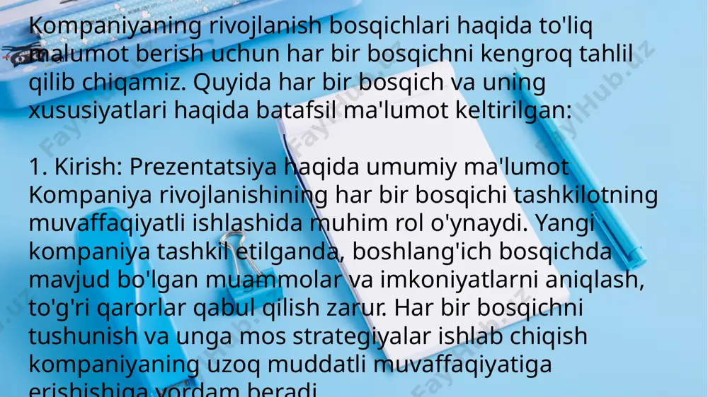 paniya o'zining biznes modelini yangilashga, yangi texnologiyalarni ishlab chiqishga, yoki yangi mahsulotlar va xizmatlarni joriy etishga intiladi. agar kompaniya bu bosqichda muvaffaqiyatli yangilanmasa, u decline bosqichiga o'tadi, bu yerda daromadlar pasayadi va kompaniya o'zining bozor ulushini yo'qotadi. xususiyatlar: yangilanish: innovatsion mahsulotlar yoki xizmatlar, yangi strategiyalarni ishlab chiqish. pasayish: bozorni yo'qotish, daromadlarning kamayishi. reorganizatsiya: ko'pincha ichki o'zgarishlar, yangi rahbariyat va yangi strategiyalarni ishlab chiqish zarurati tug'iladi. misol: nokia kompaniyasining smartfon bozorida muvaffaqiyatsizlikka uchrashi va yangi texnologiyalarni ishlab chiqishdagi kechikishi 7. kompaniyaning muvaffaqiyatli rivojlanish omillarikompaniyaning muvaffaqiyatli rivojlanishida bir nechta asosiy omillar mavjud: innovatsiya: yangi texnologiyalarni joriy etish va mahsulotni takomillashtirish. tajribali rahbariyat: boshqaruvning samaradorligi va qaror qabul qilish jarayonlari. marketing va brend yaratish: to'g'ri marketing strategiyasi va brendni yaratish. samarali resurslar boshqaruvi: kadrlar va moliya resurslarini boshqarish. 8. xatoliklar va xavflarni boshqarish kompaniyaning rivojlanish jarayonida xatoliklar va xavflar doimo yuzaga kelishi mumkin. ularni boshqarish va oldini olish uchun quyidagi choralar ko'rish zarur: …