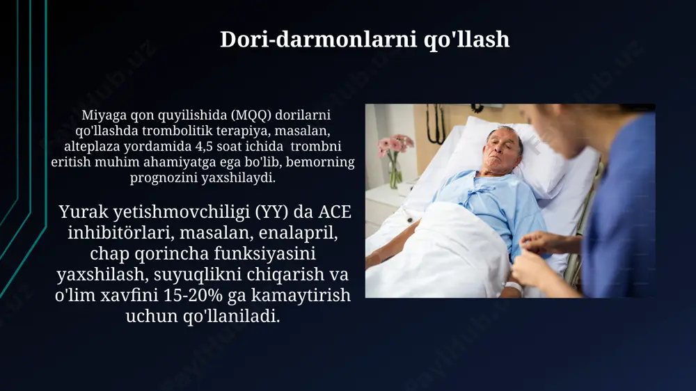cha qisqarish fraksiyasi (ef) kabi parametrlarni o'lchash mumkin; ef ning 40% dan past bo'lishi yurak yetishmovchiligini ko'rsatadi. yurak yetishmovchiligining diagnostikasi, bemorning klinik ko‘rinishlarini, shu jumladan nafas qisishi, charchoq va shishlarni, shuningdek, ekg natijalari, qon tahlillari (bnp yoki nt-probnp darajasi) va ko'krak qafasi rentgenogrammalarini o'z ichiga oladi. nafas olishni qo'llab-quvvatlash bemorda apnea yoki bradipne kuzatilsa, darhol mexanik shamollatishni qo'llash, masalan, ambu sumkasi yordamida harakat qilish kerak. nafas olishni qo'llab-quvvatlashda o2 saturasiyasi 90% dan past bo'lsa, qo'shimcha kislorod terapiyasi, masalan, 2-4 l/min tezlikda nazal kanül orqali buyuriladi. bemorlarni kuzatish va monitoring miya qon aylanishi buzilishi belgilari (masalan, aphasia, hemiparez) va yurak yetishmovchiligi belgilari (masalan, dispne, oyoq shishlari) uchun har 30 daqiqada neyrologik tekshiruv o'tkazish lozim. bemorning yurak urish tezligini va ritmini elektrokardiogramma (ekq) yordamida muntazam ravishda, kamida har 4 soatda kuzatib borish, aritmiya alomatlarini aniqlash muhimdir. yurak yetishmovchiligining belgilari va turlari yurak yetishmovchiligining to'rtta asosiy turi mavjud: chap qorincha yetishmovchiligi, o'ng qorincha …