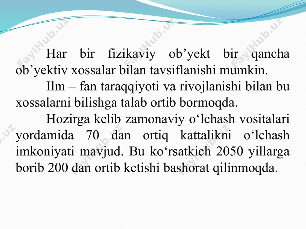 . bu birliklar ko‘p davlatlarda 1948 yilgacha ishlatildi. mksa tizimi. asosiy birliklari: metr, kilogramm, sekund va amper. bu sistema hozirgi xalqaro birliklar tizimiga asos bo‘lib qoldi. tizimdan tashqari birliklar. hozirgi paytgacha birorta ham tizimga kirmaydigan birliklar ishlatib kelinmoqda. bular turli paytlarda ishlatishga qulay bo‘lganligi uchun kiritilgan. masalan, maydon – ar, gektar; massa – karat; issiqlik miqdori – kalloriya; elektr energiya – kilovatt – soat; vaqt – minut, soat va h.k. ko‘rib chiqilgan tizimlardan tashqari nisbiy va logarifmik kattaliklar va birliklar xam qo‘llanilib keladi. xalqaro birliklar tizimining rivojlanish istiqbollari 1960 yil oktyabr oyida parijda o‘tkazilgan o‘lchovlar va tarozilar bo‘yicha xi bosh konfrensiyasi shu talablarni qondiradigan xalqaro birliklar tizimi xbt ya’ni si (si-fransuzcha systeme international ning bosh harflari) qabul qilindi. xalqaro birliklar tizimi asosiy, qo‘shimcha va hosilaviy birliklardan tuzilgan bo‘lib, unda mexanik, issiqlik, elektr va boshqa sohalar birliklari o‘zaro bog‘langan. xbt birliklari amaliy o‘lchashlarda bag‘oyat qulayligi bilan ajralib hozirgi kunlarda keng qo‘llanilmoqda. …