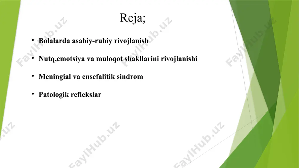 i, har yilda so‘z ma’nosi o‘zgarib boradi. nutq rivojlanish darajasi lеksik jihatdan tashqari jihati bilan, ya’ni mantiqiy bog‘liqliklar va munosabatlar aks etadigan so‘zning ma’noviy vazifasi va grammatik til qurilishi hamda muloqot, tu- shunilishi va faoliyatida nutqning roli, ya’ni uning vazifalari bilan ham aniqlanadi. maktabgacha kichik yoshdagi bolada so‘z ko‘p holda, yеtarli umumlashmagan, vaziyatga binoan bo‘lmagan yoki aksincha, muhimlashtirilgan, bir qator holatlarda esa noaniq tushunilgan bo‘lib chiqadi. meningial sindrom. etiologiyasi. bakterial infeksiya yoki viruslar. shikoyati. tana haroratini kotarilishiga, bosh ogrigiga (kopincha ogriq ensa, peshona sohasida, kamroq umumiy). kokrak yoshidagi bolalarda betoqatlik, tirishishlik, qosish (ba‘zan tosatdan, «fantan» simon) ham bolada qattiq bosh ogrigi mavjudligidan dalolat beradi. ob’ektiv tekshirish: bemor ahvoli ogir, es xushi somnolent, sopor, koma holatlarida boladi. tana muskullari tonusini reflektor zorayishi hisobiga, bemor yotganda uning gavdasi oziga xos korinishda boladi: bemorning boshi orqaga tashlangan, tanasi bukilgan qorni ichiga tortilib, qollari, kokrak qafasiga qisilgan, oyoqlari tizzadan bukilib qorniga tortilgan holatda yotadi. …