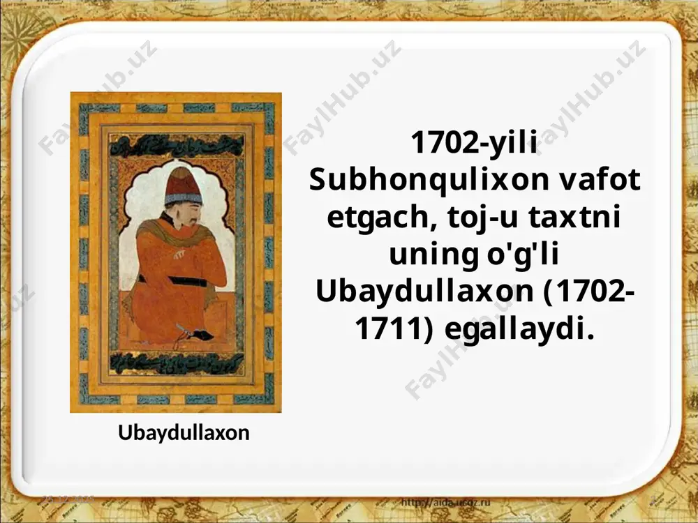 onning ahvoli shu darajaga borib yetdiki, uning farmonlari saroy ostonasidan nariga o'tmaydigan bo'lib qoldi. abulfayzxon shahrisabz hokimi, kenagas qabilasidan chiqqan ibrohimbiy urgut va miyonqol hokimlari bilan til biriktirib, buxoro xonligidan mustaqil, poytaxti samarqand bo'lgan davlat tuzishga qaror qildi. 22.06.2020 10 davlat mustaqilligining yo'qotilishi 22.06.2020 11 eron shohi nodirshoh kavkaz, hindiston, usmonli turklar saltanati va afg'onistonga qarshi zafarli yurishlardan so'ng, 1736-yili buxoro xonligiga bostirib kirdi. nodirshoh nodirshohning o'g'li rizoqul yetakchiligidagi qo'shinlar amudaryodan o'tib, ko'pgina hududlarni bosib oladi va qarshini 15 kun qamal qiladilar. bunday og'ir sharoitda buxoro xoni xiva xonidan yordam so'rashga majbur bo'ldi. 22.06.2020 12 1740-yilda eron qo'shinlari buxoroga qarshi ikkinchi marta hujum qiladilar. bu safar qo'shinni nodirshohning o'zi boshqaradi. buxoro va xiva xonlari umumiy dushmanga qarshi kurashish uchun birlasha olmaydilar. 22.06.2020 13 bu ham yetmaganidek, buxoroning o'zida xoinlik yuz beradi. xonlikda yetakchi mavqega ega bo'lib olish niyatidan qaytmagan qarshi hukmdori muhammad hakimbiy nodirshoh tomoniga o'tib ketadi. 22.06.2020 14 abulfayzxon …