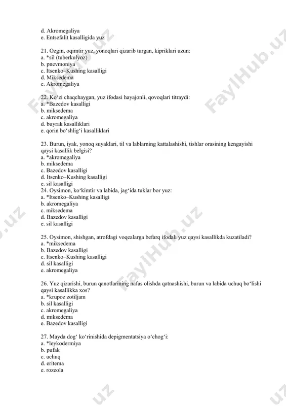 a c. leykoderma d. rozeola e. uchuq (gerpes) 30. umumiy ko‘zdan kechirganda teri turgorining pasayishini tushuntiring a. *organizmning suvsizlanishi b. gemorragik sindrom c. giperestrogenemiya d. sideropenik sindrom e. jigar sintez funksiyasining buzilishi 31. umumiy ko‘zdan kechirganda angulyar stomatit va teridagi yoriq sababini tushuntiring a. *sideropenik sindrom b. gemorragik sindrom c. organizmning suvsizlanishi d. giperestrogenemiya e. jigar sintez funksiyasining buzilishi 32. tana harorati 37–38 °s atrofida bo‘lsa, bu harorat qanday nomlanadi? a. *subfebril b. o‘rtacha ko‘tarilgan c. giperpiretik d. yuqori e. hammasi to‘g‘ri 33. yuqori darajada isitmalash bo‘lib, isitmaning o‘zgarishi sutka davomida 1 °c dan oshmasa, bu isitma qanday nomlanadi? a. *doimiy b. holdan toydiruvchi c. almashib turuvchi d. qaytalanuvchi e. toliqtiruvchi 34. isitmalashning tana temperaturasining normallashishi bilan almashlanib kechishi qanday isitma? a. *qaytalanuvchi b. holdan toydiruvchi c. toliqtiruvchi d. to‘lqinsimon e. o‘zgaruvchan 35. tana temperaturasining ko‘proq ertalab ko‘tarilishi isitmaning qaysi turiga kiradi? a. *teskari (invertirlangan) b. holdan toydiruvchi c. toliqtiruvchi …