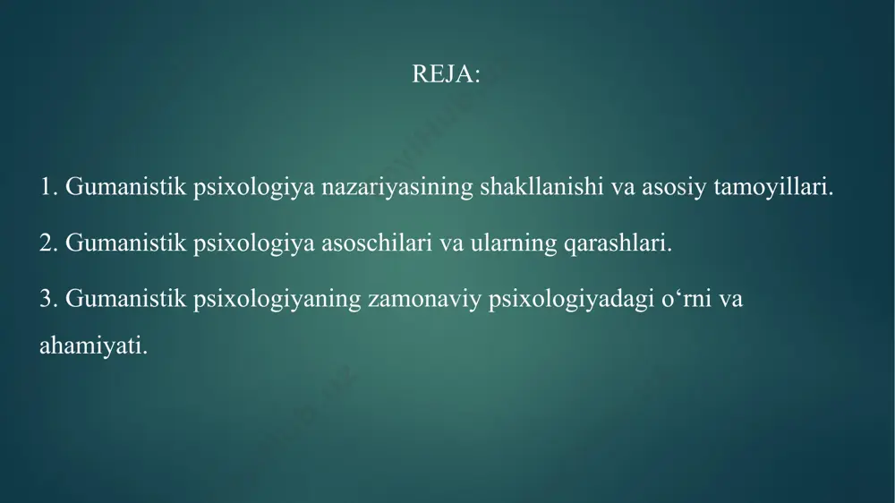 sadlari va o‘ziga xosligini chuqur o‘rganish imkoniyati yaratiladi. asosiy tamoyillari shaxs – o‘zini anglovchi mavjudot. gumanistik psixologlar insonni o‘zini tushunishga, anglashga intiluvchi mavjudot deb hisoblashadi. ularning fikricha, har bir inson o‘zining ruhiy holatini, maqsadlarini va ehtiyojlarini ongli ravishda anglashga harakat qiladi. bu esa shaxsning o‘sishi va mukammallashishida muhim rol o‘ynaydi. o‘zini ro‘yobga chiqarish (self-actualization). abraham maslow gumanistik psixologiyaning asosiy g‘oyalaridan biri – insonning ichki salohiyatini to‘liq ro‘yobga chiqarishga intilishi ekanligini ta’kidlagan. bu jarayon inson ehtiyojlarining eng yuqori pog‘onasi bo‘lib, unda shaxs o‘z ijodiyligini, ijtimoiylikni va bilim olishga bo‘lgan ehtiyojlarini qondiradi. erkin iroda va tanlov huquqi. gumanistik psixologiya insonning tanlov erkinligi va o‘z hayot yo‘lini belgilashdagi faoliyatini ta’kidlaydi. inson o‘z harakatlariga o‘zi mas’ul va o‘zgarishga qodir mavjudot sifatida ko‘riladi. ijobiy inson tabiatiga ishonch. gumanistlar inson tabiatini aslida ijobiy, mehribon va yaxshilikka intiluvchi deb hisoblaydi. psixologik muammolar esa ko‘pincha bu ijobiy salohiyat to‘g‘ri rivojlana olmagan hollarda yuzaga keladi. 2. gumanistik psixologiya asoschilari …