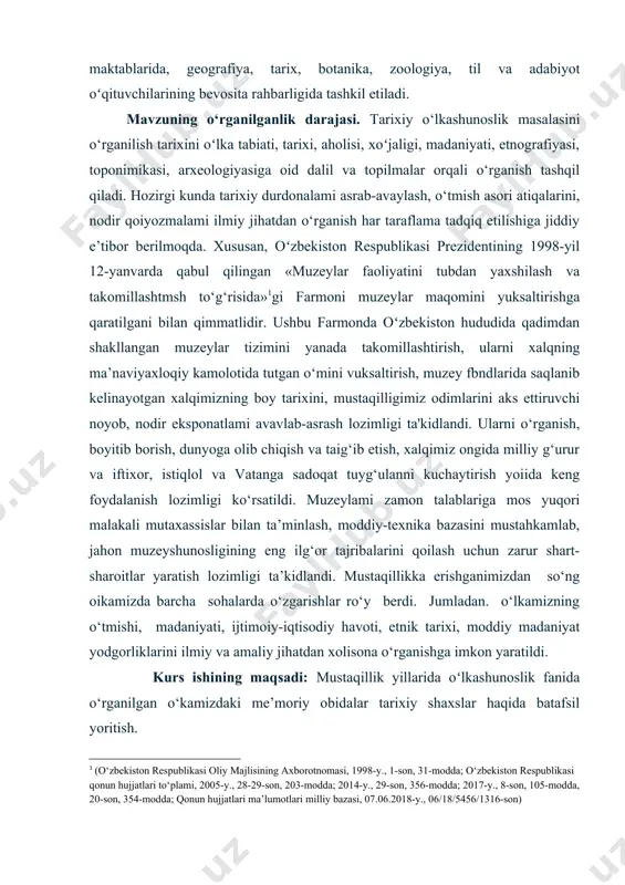 sh tashkil qiladi kurs ishi tuzilishi: kurs ishi tarkibi: kirish, 2 ta bob, 5 paragraf, xulosa va foydalanilgan adabiyotlardan iborat. kurs ishining xajmi 31 betni tashkil qiladi i bob: o‘lkashunoslik fanining shakllanishi va rivojlanishi 1.1 tarixiy o‘lkashunoslik fanining maqsad va vazifalari «tarixiy o‘lkashunoslik» quyidagi turlarga bo‘linadi: ilmiy, ya’ni davlat o‘lkashunosligi; jamoat o‘lkashunosligi; maktab o‘kashunosligi.o‘lkashunoslikning har uchala turi bir-biriga aloqador bo‘lib, birinchisi ikkinchisini to‘ldirib boradi. davlat o‘ikashunosligi bilan respublika tarixiy va madaniy yodgorliklarini muhofaza qilish hamda ulardan foydalanish qo‘mitasi, respublika fa tarix, arxeologiya ilmiy-tadqiqot institutlari, muzeylar shug‘ullanadi. jamoat o‘lkashunosligi mahalliy hokimiyatlaming bevosita rahbarligida tegishli jovlarda tarixiy, arxeologik, etnografik, tabiiy sohaga oid mutaxassislar tomonidan joylarda tashkil etilib faoliyat olib boradi. maktab o‘ikashunosligi umumiy ta’lim maktablarida tarix, geografiya, botanika, zoologiya, til va adabiyot o‘qituvchi]arining bevosita rahbarligida tashkil etiladi. o‘lka tabiati, tarixi, aholisi, xo‘jaligi, madaniyati, etnografiyasi, toponimikasi, arxeologiyasiga oid dalil va topilmalar maktab o‘ikashunosligi muzeylarida namoyish etiladi.tarixiy o‘lkashunoslik fani asosan ikki maqsadni ko‘zda tutadi: …