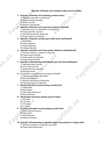 iqtisodiy ta'limotlar tarixi fanidan oraliq nazorat savollari — DOCX