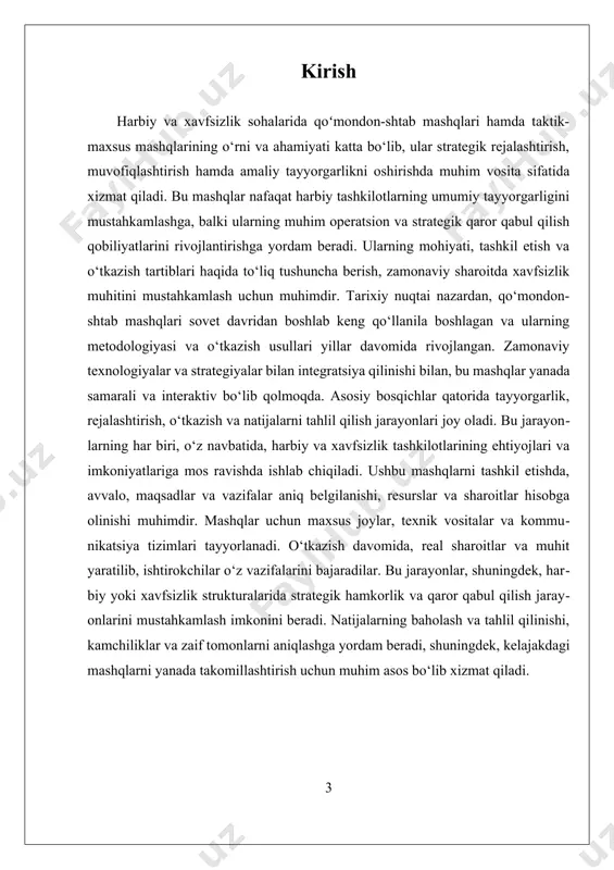 vaziyatlarni hisobga olgan holda ishlab chiqiladi, bu esa mashqlarning strategik muhimligini oshiradi. tashkil etish bosqichida, mashq uchun maxsus joylar, texnik vositalar va kommunikatsiya tizimlari tayyorlanadi. bu bosqichda, shuningdek, xavfsizlik choralariga ham alohida e’tibor qaratiladi. mashq jarayonida, ko‘p hollarda, tashkilotlarning kommunikatsiya va muvofiqlashtirish imkoniyatlari sinovdan o‘tkaziladi, bu esa, real sharoitda faoliyat yuritishda muhim ahamiyat kasb etadi. o‘tkazish jarayonida, reja asosida, barcha ishtirokchilar o‘z vazifalarini bajaradilar, strategik qarorlar qabul qiladilar va muhitga moslashadilar. natijalarni baholash va tahlil qilish bosqichida, mashq yakunida yig‘ilgan ma’lumotlar, baholar va fikrlar asosida, tashkilotlarning kuchli va zaif tomonlari aniqlanadi. bu, kelajakdagi mashqlarda takomillashtirish uchun muhim asos bo‘lib xizmat qiladi. natijalar tahlili, odatda, yozma hisobotlar va prezentatsiyalar shaklida taqdim etiladi, bu esa, strategik rejalashtirish jarayonining uzluksiz rivojlanishini ta’minlaydi. shu bilan birga, har bir bosqichda, xalqaro amaliyotlar va ilg‘or metodologiyalarni kuzatish va ulardan foydalanish muhim ahamiyatga ega. bu, nafaqat, tashkilotlarning tayyorgarlik darajasini oshiradi, balki, xavfsizlik muhitida muhim rol o‘ynaydi. yakuniy …