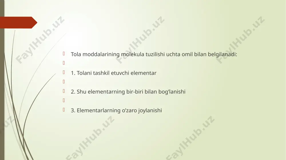 tomonga tarmoqlangan bo’ladi. -e-e-e- -s-s-d-s-s-d-s-s- oqsoqli moddalar molekulasi -e-e-e- 3. to’rsimon tuzilish - bu tuzilishda har bir element to’rt tomondan bir biri bilan bog’langan. bu tuzilishda polimerlardan tola olib bo’lmaydi. bu polimer plyonka, plastmassa olishda ishlatiladi. -a-a-a- -a-a-a- -a-a-a- polimer moddalar molekulasi ikki xil (amorf va kristall) holatda bo’ladi. amorf holatda joylashgan molekulalar yo’nalishi va molekulalar ora- sidagi masofa har xil bo’ladi, ya’ni molekulalar tartibsiz holatda joylashadi (a) bunday tolalarning cho’ziluvchanligi katta, mustahkamligi kam bo’ladi. kristal tuzilishidagi molekulalar kristal panjarasini hosil qiladilar, ya’ni molekulalar tartibli holatda joylashgan bo’ladi (b). molekula yo’nalishi va ularning orasidagi masofa bir xil bo’ladi. paxta tolasi va ipak molekulasi ikkita tuzilish aralashmasidan iborat. (v) jun tolasi amorf tuzilishli bo’ladi. 2. tsellyulozaning tuzilishi. tsellyuloza o’simlik tolalarning asosiy moddasi bo’lib hisoblanadi. tsellyuloza ayrim sun’iy kimyoviy tolalarni (viskoza, atsetat, triatsetat) olishda ham ishlatiladi. tsellyuloza hamma o’simliklarda bo’ladi, lekin hex vaqt sof holda uchramaydi. o’simliklarda tsellyuloza boshqa moddalar bilan o’ralgan …