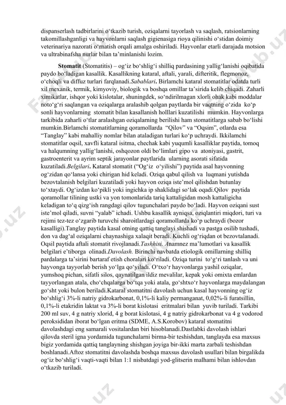 drotoraks, emfizema) kasalliklariga bo‘linadi. rinit(rhinitis) - burun shilliq pardasining yallig‘lanishi oqibatida paydo bo‘ladigan kasallik. kasallikning birlamchi, ikkilamchi, kataral, krupoz, follikulyar, o‘tkir va surunkali turlari farqlanadi. sabablari.hayvonlarni saqlash va oziqlantirish texnologik qoidalarining buzilishlari (elvizak, yuqori namlik, nafas yo‘llariga changlarning ketishi, molxona havosida ammiak yoki boshqa zararli gazlar miqdorlarining me’yoridan oshib ketishi, hayvonlarga issiq oziqalar yoki ammiak suvi bilan ishlangan silosning berilishi) kasallikning asosiy sabablari hisoblanadi. qo‘y va otlarning chang yo‘llar orqali haydalishi, patogen mikroflora, a-gipovitaminoz, molxonalardagi antisanitariya holatlari kasallikning kelib chiqishidagi ikkilamchi omillar bo‘lib xizmat qiladi. rinesteroz, diktiokaulyoz, yuqumli atrofik rinit, rinotraxeit, havfli kataral isitma, oqsil kabi yuqumli va parazitar kasalliklar ikkilamchi rinitlarga sabab bo‘ladi. rivojlanishi va klinik belgilari. burun shilliq pardasining ko‘tarilishi va burun yo‘llarida ekssudatning to‘planib qolishi nafasning qiyinlashishiga, yallig‘lanish mahsulotlari va mikrob toksinlarining qonga so‘rilishi esa intoksikatsiya, holsizlanish va tana haroratining ko‘tarilishiga sabab bo‘ladi. kasal hayvonda aksa urish, pishqirish, burunni oxur va devorlarga ishqalash belgilari paydo bo‘ladi. nafas …