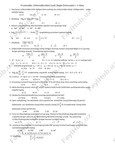 matematika test savollari — DOCX