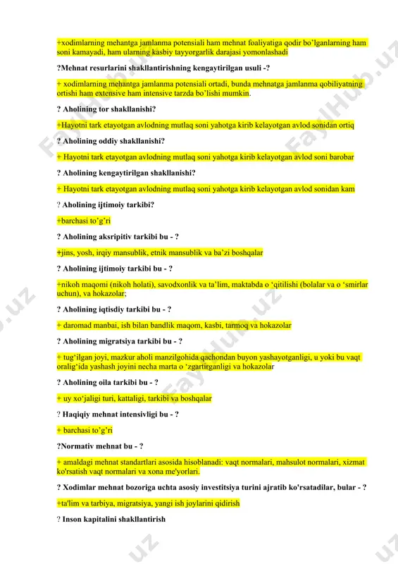 ? aholining iqtisdiy tarkibi bu - ? + daromad manbai, ish bilan bandlik maqom, kasbi, tarmoq va hokazolar ? aholining migratsiya tarkibi bu - ? + tug‘ilgan joyi, mazkur aholi manzilgohida qachondan buyon yashayotganligi, u yoki bu vaqt oralig‘ida yashash joyini necha marta o ‘zgartirganligi va hokazolar ? aholining oila tarkibi bu - ? + uy xo‘jaligi turi, kattaligi, tarkibi va boshqalar ? haqiqiy mehnat intensivligi bu - ? + barchasi to’g’ri ?normativ mehnat bu - ? + amaldagi mehnat standartlari asosida hisoblanadi: vaqt normalari, mahsulot normalari, xizmat ko'rsatish vaqt normalari va xona me'yorlari. ? xodimlar mehnat bozoriga uchta asosiy investitsiya turini ajratib ko'rsatadilar, bular - ? +ta'lim va tarbiya, migratsiya, yangi ish joylarini qidirish ? inson kapitalini shakllantirish + bu hayotning muayyan jarayoniga investitsiyalar kiritish orqali insonning ishlab chiqarish qobiliyatini yaratish jarayoni ? intellektual capital bu - ? + bu odamlarda ularning bilimi, malakasi, kasbiy bilimi va tajribasi ko'rinishida …