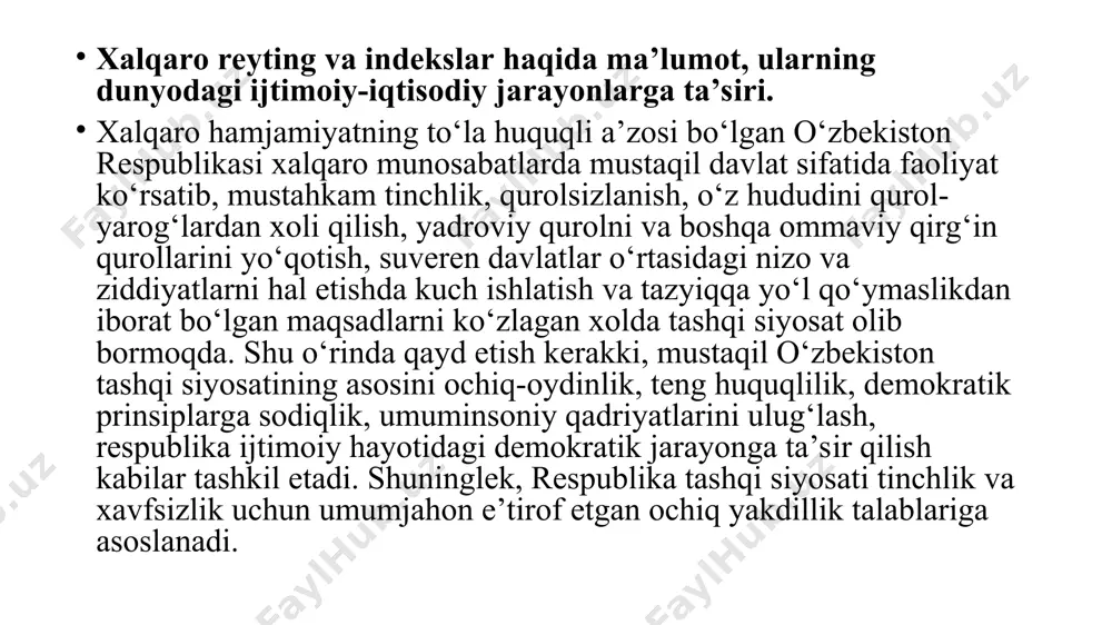 iy munosabatlarga kuchli ta’sir ko‘rsatuvchi o‘ziga xos omillardan hisoblanadi. mustaqil ekspertlar xulosasi aks etgan reytinglar mamlakat xalqaro imijiga, kirib kelayotgan investitsiyalar miqdoriga katta ta’sir ko‘rsatadi. binobarin, rivojlanib borayotgan va o‘z iqtisodiyotiga sarmoyalarni jalb qilishdan manfaatdor bo‘lgan davlatlar mazkur reytinglarga kirish va o‘z o‘rnini bosqichma-bosqich ko‘tarib borishga alohida e’tibor qaratmoqda. keyingi yillarda sharqiy evropa hamda mdhga a’zo ayrim mamlakatlar eng nufuzli xalqaro reytinglarda yuqori darajaga ega bo‘lish bo‘yicha maxsus dasturlar asosida ish olib borayotgani ma’lum. zero, har qanday chet ellik investor muayyan qarorga kelishdan avval o‘zi qiziqayotgan davlatning iqtisodiy holati to‘g‘risidagi ob’ektiv, mustaqil baholarni sinchiklab o‘rganib chiqadi. qayd etish kerakki, xalqaro reyting­larni tuzuvchi agentliklar iqtisodiy va moliyaviy ko‘rsatkichlarni baholashda turli usullardan foydalanadi. shu boisdan investorlar o‘z tahlillarida faqatgina bitta reyting agentligining ma’lumotlariga tayanib qolmasdan, bir qancha reyting ko‘rsatkichlarini kompleks tahlil qilishga harakat qiladilar. ma’lumotlarga ko‘ra, hozir jahonda 160 dan ortiq xalqaro reyting mavjud, ulardan 50 taga yaqini ta’sir darajasi yuqori mezonlar …