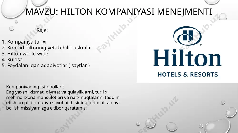 joy topa olmadi. qachon cisco bir egasi, texas, neft bom foyda olish maqsadida uning mol-mulkini sotish istayman shikoyat, xilton shartnoma urdi. xilton investitsiya guruhini birlashtirdi va mablag’lar bir hafta ichida o’tkazildi. cisco-dagi mobley xiltonning birinchi mehmonxonasiga aylandi. konrad nikolas xilton 21 yoshida otasining do’konlarini egallab olganidan keyin biznesga kirdi. birinchi jahon urushi paytida harbiy hayotdan so’ng, konrad 31 yoshida nyu-meksiko shtatiga qaytib, marhum otasining biznesi kasal bo’lib qoldi. u o’z biznesiga kirishga qaror qildi. konrad bank ishlariga kirish maqsadida texasga ko’chib o’tdi, ammo mehmonxona sotib oldi. keyinchalik u ajoyib muvaffaqiyatlardan so’ng texasda ko’proq mehmonxonalar sotib oladi. 1946 yilda u butun qo’shma shtatlarda mehmonxona biznesini kengaytirgandan so’ng hilton hotel corporation kompaniyasini tashkil etdi. biroq, ikkinchi jahon urushi uning o’sishini tez orada to’xtatdi va uni bir muncha vaqt bankrot qildi. u butun dunyo bo’ylab kompaniya faoliyatini kengaytirdi va uni hilton hotels international company deb o’zgartirdi. u kredit kartalari va avtoulovlarni ijaraga olish …