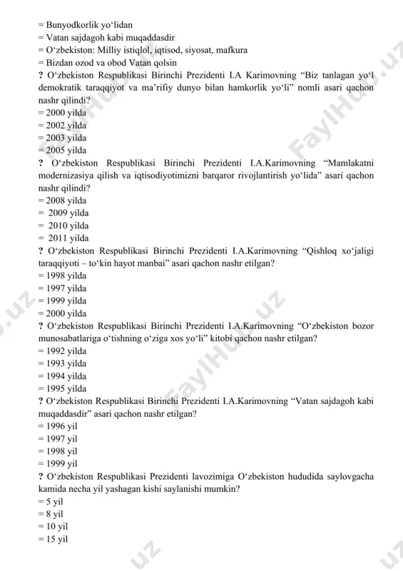 da o‘zbekiston ...? = agrar industrial davlat = industrial agrar davlat = to‘la agrar davlat = to‘la industrial davlat ? o‘zbekiston respublikasining birinchi prezidenti tomonidan jahon moliyaviy-iqtisodiy inqirozi davrida o‘zbekistonda qanday kreditlar uchun sharoitlar yaratish kerakligi ta’kidlangan edi? = kam foizli = spekulyativ = uzoq muddatli = kreditlarni olmaslik ta’kidlangan ? o‘zbekiston respublikasining milliy valyutasi – so‘m qachon muomalaga kiritildi? = 1993 yil 21 mart = 1993 yil 18 noyabr = 1994 yil 1 oktyabr = 1994 yil 1 iyul ? 1998 yil 30 aprelda ...? = “vijdon erkinligi to‘g‘risida”gi qonun qabul qilindi. = “fuqarolar saylov huquqlarining kafolatlari to‘g‘risida” gi qonun qabul qilindi. = “o‘zbekiston respublikasi oliy majlisiga saylovlar to‘g‘risida”gi qonun qabul qilindi. = “markaziy saylov komissiyasi to‘g‘risida”gi qonun qabul qilindi. ? 2000 yilning 9 yanvarida..…... = o‘zbekiston respublikasining oliy majlisiga saylov o‘tkazildi. = o‘zbekiston respublikasi prezidentligiga saylov o‘tkazildi. = abdulxoliq g‘ijduvoniy tavalludining 900 yilligi nishonlandi. = qatag‘on qurbonlari muzeyi …