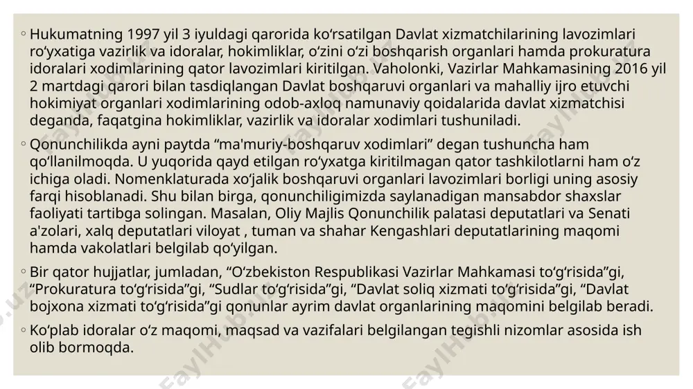 surlaridan biri bo‘lishi va qonuniy asosga ega bo‘lmog‘i lozim. bugun vazirlik va idoralarga taqsimlashda nomzodlarni tayinlash va vakolatli organlar bilan kelishish jarayonini yanada batafsil tartibga solish, uning ochiqligini ta'minlash zarurati tug‘ilmoqda. shuni qayd etish kerakki, xodimlarni attestatsiyadan o‘tkazish ularni baholashning asosiy vositasi hisoblanadi. bu taomil kasbiy va boshqaruv ko‘nikmalarini takomillashtirishdagi muammolarni hamda mansab pillapoyasidan yuqori lavozimlarga ko‘tarilishi uchun salohiyatini aniqlash imkonini beradi. amaliyot malakani baholash tizimiga aniq ko‘rsatkichlarni joriy qilish zaruratini ko‘rsatayapti. bular davlat xizmatlarini ko‘rsatish hamda amaliy natijalarga erishish bilan uzviy bog‘liq bo‘lishi lozim. bunda aholi so‘rovlari asosida natijalarni baholash kerak. binobarin, prezidentimiz shavkat mirziyoyev ta'kidlaganidek, bundan keyin joylardagi rahbarlar faoliyatiga, birinchi navbatda, ular boshqarayotgan hududdagi aholidan tushayotgan murojaatlar soni, ularning xalq ichida yurishi, mavjud muammolarning amaliy yechimiga qarab baho beriladi. ­qisqacha aytganda, ­rahbarlarga ­xalqning o‘zi baho ­beradi. amaldagi davlat xizmati tizimida rotatsiya mexanizmi, ya'ni mansabdor shaxsning davlat organlari gorizontal yo‘nalishida ishga ko‘chirilishi yetarli darajada tartibga solinmagan. bundan tashqari, …