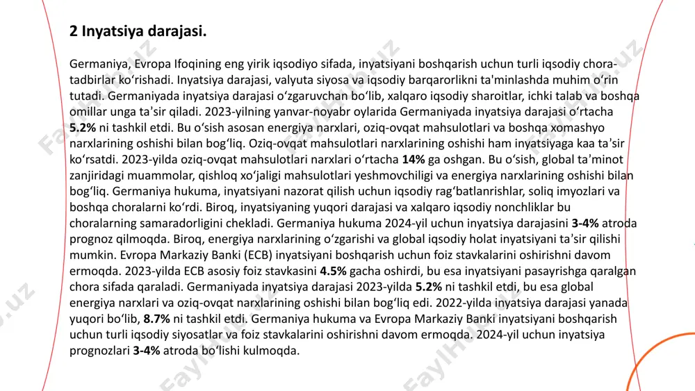 tisodiy o‘sish, investitsiya oqimlari va kompaniyalar faoliyatiga katta ta’sir ko‘rsatadi. 2023-yilga kelib, frankfurt fond birjasi germaniyaning asosiy fond bozori bo'lib, uning umumiy bozor kapitalizatsiyasi 2.5 trillion evroga yaqin edi. bu o‘zgarishlar germaniyaning iqtisodiy rivojlanishi va kompaniyalar daromadlarining oshishi bilan bog‘liq. dax 30 indeksi, germaniyaning eng yirik va eng faol savdo qilinadigan 30 ta kompaniyasining aksiyalarini o‘z ichiga oladi. 2023-yilda dax 30 indeksi o‘rtacha +8% ga o‘sdi. bu o‘sish asosan sanoat va texnologiya kompaniyalarining yuqori daromadlari va bozor ehtiyojlarining o‘sishi bilan bog'liq edi. 2023-yil oxiriga kelib, germaniya fond bozorida savdolar hajmi 3 trillion evroni tashkil etdi. bu o‘sish, fond bozoriga kirib kelgan yangi investorlarga va shuningdek, iqtisodiy barqarorlikning oshishiga asoslangan. germaniya aksiyalar bozorida eng ko‘p savdo qilingan kompaniyalar orasida volkswagen, siemens, basf, bmw va deutsche bank kabi yirik korporatsiyalar mavjud. bu kompaniyalar yuqori daromadlar va barqaror iqtisodiy o‘sish bilan investorlar e’tiborini tortmoqda. 4 fond bozori. ... t.me/slaydai_bot yalpi ichki mahsulot (yim) …
