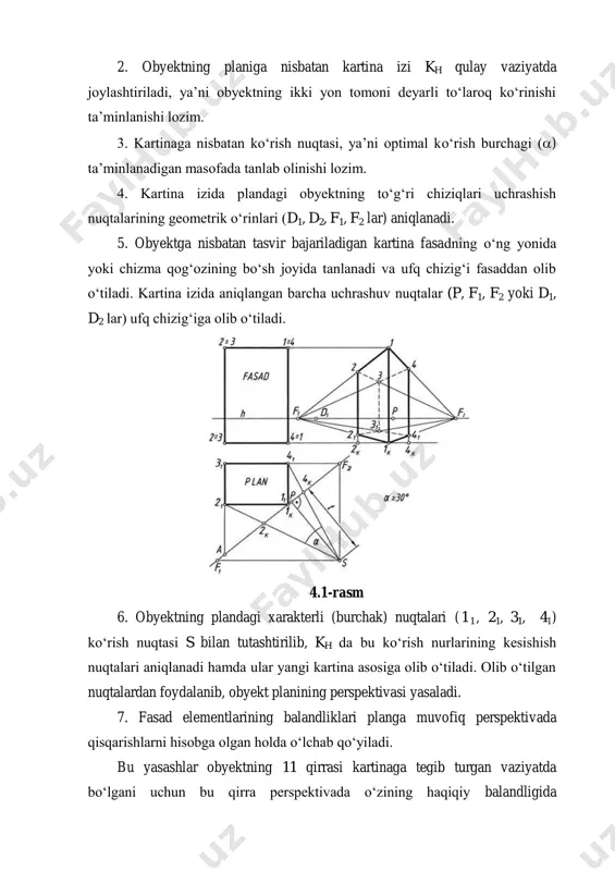 svir bajariladigan kartina fasadning o‘ng yonida yoki chizma qog‘ozining bo‘sh joyida tanlanadi va ufq chizig‘i fasaddan olib o‘tiladi. kartina izida aniqlangan barcha uchrashuv nuqtalar (p, f1, f2 yoki d1, d2 lar) ufq chizig‘iga olib o‘tiladi. 4.1-rasm 6. obyektning plandagi xarakterli (burchak) nuqtalari (1 1 , 21, 31, 41) ko‘rish nuqtasi s bilan tutashtirilib, kh da bu ko‘rish nurlarining kesishish nuqtalari aniqlanadi hamda ular yangi kartina asosiga olib o‘tiladi. olib o‘tilgan nuqtalardan foydalanib, obyekt planining perspektivasi yasaladi. 7. fasad elementlarining balandliklari planga muvofiq perspektivada qisqarishlarni hisobga olgan holda o‘lchab qo‘yiladi. bu yasashlar obyektning 11 qirrasi kartinaga tegib turgan vaziyatda bo‘lgani uchun bu qirra perspektivada o‘zining haqiqiy balandligida tasvirlangan. qolgan qirralarining qisqarib tasvirlanishi f1 va f2 uchrashish nuqtalari orqali aniqlanadi. 4.2-rasmda kartinani obyekt planiga nisbatan turli ko‘rinishda tanlab olish ko‘rsatilgan. 4.2-rasm 1. kartina izi obyektdan olisroqda o‘tkazilgan. shunda obyekt kichikroq tasvirlanadi. uning oldingi qirrasining perspektivasini yasash uchun obyektning tomonlari kartina izi bilan …