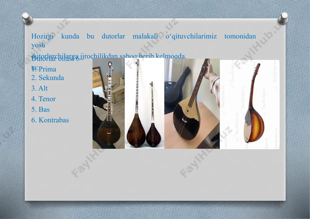 hi bo‘yichabas kalitida yoziladi, ovoz hajmi katta oktavadagi do dan birinchi oktavadagi solga qadar. bu cholg‘ularda ijrochilarni tayyorlash va tarbiyalashda dotsent a. k.nazarovning xizmatlari kattadir. a.nazarov ushbu sinfni tugatib, hozirgi kunda 1960-yildan buyon ushbu cholg‘udan dars berib kelmoqda. dutor kontrabas-bu chog‘u dutorlar oilasining eng yirik shakli ya’ni bu asbob dutor basdan ancha kattaroq qilib ishlangan variantidir. dutor kontrabasning kosasi katta–katta “qobirg‘acha”lardan iborat,dastasi dutor bas asbobidan uzunroq bo‘ladi, quloqlari esa temir metalldan ishlanib, qattiq tortilib turush vazifasini bajaradi. bu asbobning torlari juda qalin bo‘lib, orkestrda yo‘g‘on bas tovushi bilan farq qiladi. dutor basning kosasiga maxsus tayyorlangan tayoqcha o‘rnatilib o‘tirgan holda ijro etiladi. xulosada shuni aytishim mumkinki, maqolada bevosita musiqaga tegishli bir qator tushuncha ham tilga olingan. xususan, dutorga ta’rif berar ekan, o‘zbekiston san’at va madaniyati yoshlar kelajagida muhim o‘rin tutadi. bizning milliy kuy-qo‘shiqlarimizni shunchalik o‘tkir va sehrli kuchi borki, biz o‘zga yurtlarga borib bemalol yurtimizni milliy kuy–qo‘shiqlarini namoyish eta olamiz va …