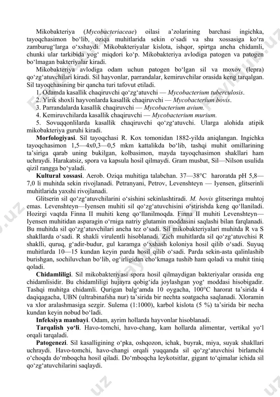 vis). 2. mitis (mitis). 3. intermedius (intermedius). klauberg muhitida gravis tiрi r shaklli, yirik 2—3 mm kattalikda, kulrang-qora koloniyalar hosil qilib o‘sadi. bulyonda bo‘linib ketuvchi parda va donador cho‘kma hosil qilib o‘sadi. mitis tiрi klauberg muhitida o‘rtacha, silliq, s shaklli koloniya hosil qilib o‘sadi, qora rangda bo‘ladi. sho‘rvada bir tekis loyqalanish hosil qilib o‘sadi. chidamliligi. тashqi muhitga chidamli. bolalar o‘yinchog‘ida bir necha kun, ivigan zardobda uy haroratida 2 oygacha saqlanadi. past haroratga, quritishga ancha chidamli 60°c harorat ta’sirida 10—15 daqiqadan, 100°c ta’sirida bir daqiqadan so‘ng, dezinfeksiyalovchi moddalar ta’sirida bir necha daqiqadan so‘ng nobud bo‘ladi. patogenligi. тabiiy sharoitda hayvonlar bo‘g‘ma bilan kasallanmaydi. laboratoriya hayvonlaridan dengiz cho‘chqachalari, quyonlar sezuvchandir. ularga yuqumli material teri ichiga yoki teri ostiga yuborilsa, toksikoinfeksiyaning klinik belgisi va yuqumli material yuborilgan joyda shish, nekrotik yallig‘lanish yuzaga keladi. buyrak usti bezida qon quyilishi kuzatiladi. infeksiya manbayi. kasal odam va bakteriya tashuvchilardir. тarqalish yo‘li. havo-tomchi yo‘li, maishiy kontakt (idish-tovoq, o‘yinchoq, …