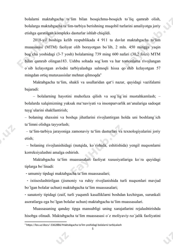 mansubligi uning xarajatlarini rejalashtirishda hisobga olinadi. maktabgacha ta‘lim muassasasi o`z moliyaviy-xo`jalik faoliyatini byudjet mablag`lari va byudjetdan tashqari mablag`lar doirasida amalga oshiradi. umumiy tipdagi davlat mtmlarini saqlash bilan bog`liq xarajatlar mtmlarining bo`ysinuviga ko`ra tumanlar va shaharlarning mahalliy byudjetlaridan mablag` bilan ta‘minlanadi. ixtisoslashtirilgan va sanatoriy tipidagi mtmlari, odatda, viloyatlar byudjetlaridan yoki respublika byudjetidan mablag` bilan ta‘minlanadi. [footnoteref:5] [5: https://lex.uz/docs/-3279597?ondate=31.03.2018] 1-rasm. maktabgacha ta’lim muassasasi mol-mulki va moliyaviy resurslarini shakllantirish manbalari shuningdek, mtmlarning xarajatlarini rejalashtirishda bog`chalarning ishlash rejimi, ya‘ni ularda bolalarning bo`lish vaqti (4 soatlik, 9 soatlik, 10,5 soatlik, 12 soatlik) inobatga olinadi. ma‘lumki, yuqorida nomi keltirilgan pf-5198-sonli prezident farmoniga ko`ra maktabgacha ta‘lim muassasalarining davlat va nodavlat tarmoqlarini yanada kengaytirish, ular o`rtasida sog`lom raqobat muhitini shakllantirish, davlat va xususiy sektor sherikligi shartlarida maktabgacha ta‘lim muassasalarining yangi shakllarini joriy etish belgilangan. bugungi kunda mamlakatimizda 200 ga yaqin nodavlat ta‘lim muassasalari faoliyat yuritmoqda. maktabgacha ta‘lim sohasida davlatxususiy sherikchilik munosabatlarini yanada rag`batlantirish maqsadida o`zbekiston respublikasi vazirlar mahkamasining …