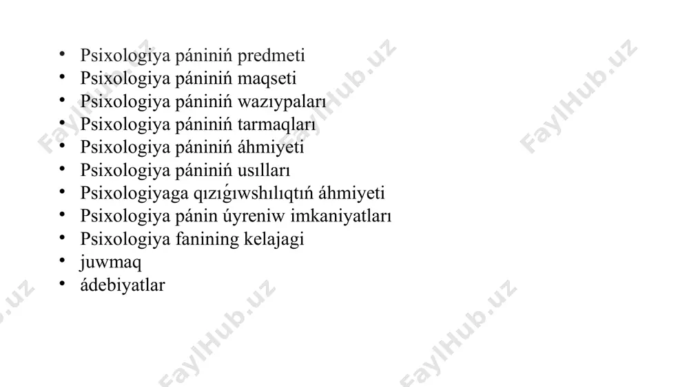 em kórsetiw. psixologiya pániniń tiykargı maqseti - insan minez-qulqı, sana hám sana astı proceslerin, sonday-aq, olardıń jámiyet hám qorshagan ortalıq penen óz ara baylanısların ilimiy tiykarda túsiniw, talqılaw hám túsindiriwden ibarat. psixologiyanıń maqseti keń kólemdegi tarawlarda adamga qanday tásir kórsetiwin úyreniw, onıń minez-qulqı, pikirlewi hám sezimlerin jaqsıraq túsiniw bolıp esaplanadı.bunnan tısqarı, psixologiyanıń maqsetleri tómendegiler boliwi múmkin:insan minez-qulqın túsiniw hám sipatlaw: psixologiya adamlardıń qalay pikirlewi, sezimlerin qalay basqarıwı hám qorshagan ortalıqqa qanday múnásibet bildiriwin analizleydi.xulqırlıqtı boljaw: psixologiya járdeminde, shaxslar yaki toparlardıń qanday háreket yetiwin aldınnan kóriw hám boljawǵa umtıladi. bul, máselen, adamlardıń belgili sharayatlarda qanday múnásibet etiwin aldınnan biliwge járdem xalıqtı basqarıw hám jaqsılaw: psixologiya xalıqtı ózgertiw yamasa jaqsılawda járdem beredi. máselen, psixoterapiya hám basqa ámeliy psixologiyalıq usıllar járdeminde ruwxiy jaǵdaydı jaqsılaw yaki mashqalalardı sheshiw. 4 psixologiya pániniń wazıypaları úyreniw insan psixikası hám onıń procesleri úyreniw. túsindiriw psixikalıq qubılıslardı ilimiy jaqtan túsindiriw. basharlaw keleshektegi háreketlerdi hám ruwxiy jaǵdaylardı boljaw. baqlaw psixikalıq …