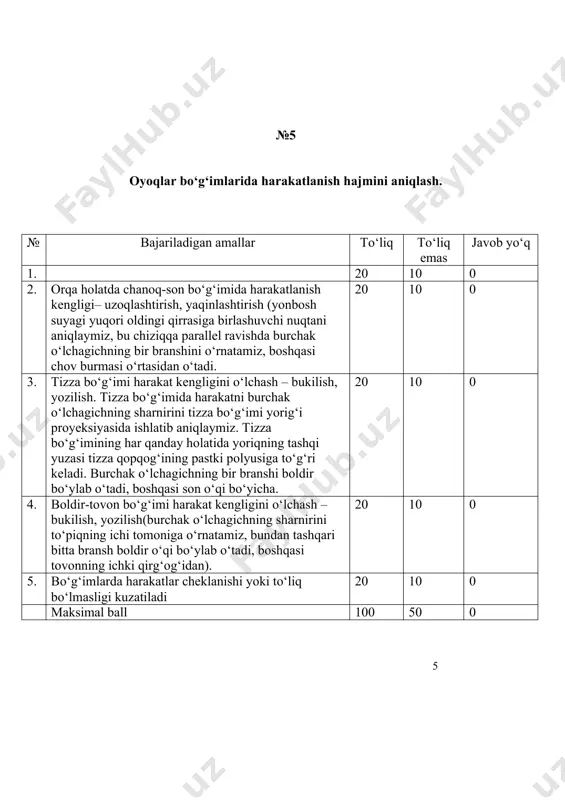 igan amallar to‘liq to‘liq emas javob yo‘q 1. shok profilaktikasi uchun chanoq bo‘shlig‘idagi anesteziya chanoq halqasi buzulishi bilan sinishlarda shikastlanishlarning oldini olish uchun qo‘llaniladi. shok holatida qorin ichki organlariga zarar etkazmaslik uchun, retroperitoneal gematoma differencial tashxisi uchun 20 10 0 2. bemorning chalqancha yotgan holatida 10 5 0 3. yonbosh suyagining oldingi yuqori o‘sigidan 1 sm ichkarisidan teri og‘riqsizlantiriladi 20 10 0 4. igna holati - teri 0,25%li novokain eritmasi bilan anesteziya qilingandan so‘ng, uzunligi 14-15 sm bo‘lgan igna bilan yonbosh suyagi yuqori qirrasidan qat’iy oldinga orqaga harakat qilinadi, novokain eritmasini biroz yuborish bilan. 20 10 0 5. bunda ignaning kesik yuzasi doimo yonbosh suyagi ichki yuzasi bo‘ylab sirg‘anib ketishi kerak 12-14 sm chuqurlikda igna uchi yonbosh chuqurchasiga kiradi, u erga 0,25% — 250-300 ml novokain eritmasi yuboriladi. 20 10 0 6. bir tomondan kiritiladigan novokain eritmasi hajmi 0,25 % 250-300 ml. 10 5 0 maksimal ball: 100 50 0 …