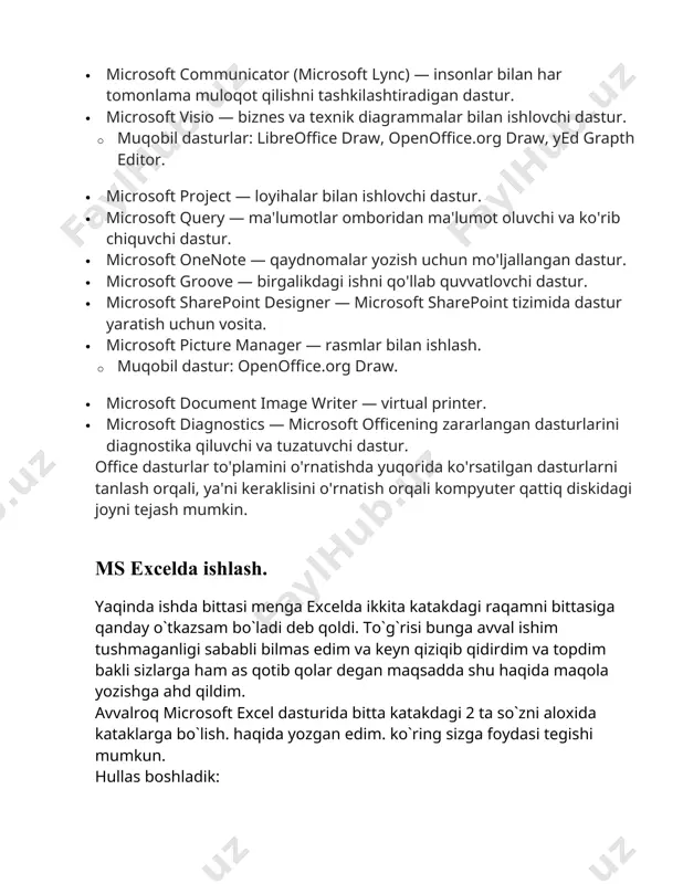 ishni o`rganamiz. buning uchun hamma katakni belgilab yuqori o`ng burchakdagi автосумма ni bosamiz. (excel versiyasiga qarab turlida bo`ladi, word 2007 larda π (pi) ko`rinishida bo`lishi mumkun) va eng pastga avtomakin jami hisobni yozadi. ha aytgancha siz =сумм(b2:b11) shaklida (=сумм(qo`shishni boshlash kerak bolgan katak : va tugaydigan katak raqami)) shaklida ham yozsangiz bo`ladi. endi eng qizig`iga o`tsak tabdan tabga katakgadi ma'lumotlarni o`tkazishni o`rgansak. bu nega kerak bu foydasiz deyishga shoshilmang. aytaylik siz excelda juda ko`p qo`l qo`yiladigan hujjatlar bilan ishlarsiz va hammasini tasdiqlash uchun rahbarni ismi familiyasini har safar yangi yozarsiz to`g`ri tashkilotlarda rahbarlar juda tez almashavermaydi lekin bo`shashlar bo`lib turadi. yoki siz har gal hamma tablarda sanani yozarsiz yani bugungi sanani shunda hammasini o`zgartish uchun juda ko`p vaqt va kuch sariflab qo`yasiz. shuning uchun bu narsa juda kerak deb o`ylayman. demak boshladik. yangi tab ochi olaman. va лист1 ga murad buildings qurilish kompaniyasi rahbari murod nazarov qilib yozib olaman. va …