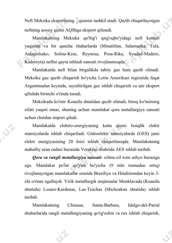 a 74 mln gektarni egallaydi. 6 mln gektar ekin maydonlarida sun'iy sug'orish olib boriladi. meksikada don va dukkakli ekinlardan makkajo'xori, jo'xori, fasol, bug'doy va sholi yetishtiriladi. paxta ekini mamlakatning shimolida ekiladi. shuningdek shakarqamish, murch, pamidor, kofe, tropik sitrus mevalar, mango, papayya, ananas, avakado, bananlar yetishtiriladi. mamlakatda qishloq xo'jaligining o'ziga xos ekin turi xeneken (uzun to'g'ri poyali och yashil kaktuslar) hisoblanadi. undan qoplar, kanat iplari, arqon ishlab chiqarishda ishlatiladigan tola ishlab chiqariladi. chorvachilik- nisbatan kam rivojlangan (ekstensiv yaylov chorvachiligi). mamlakatda baliqchilik va dengiz mahsulotlarini eksport qilish muhim ahamiyatga ega. mamlakat lotin amerikasida qishloq xo'jaligini rivojlantirishda ilmiy- tadqiqot uchun sarflanadigan harajatlar bo'yicha birinchi o'rinni egallaydi. meksika rivojlanayotgan mamlakatlar dunyosida «yashil inqilob»ning vatani hamdir. v) transporti. mamlakatda avtomobil yo'llari uzunligi 210 ming km bo'lib 46% qattiq qoplamali yo'llardir. avtomobil yo'llarning asosiy qismi mamlakatning markaziy va shimoliy qismida joylashgan. meksika temir yo'llarning umumiy uzunligi bo'yicha lotin amerikasida 3-o'rinni egallaydi. temir yo'llarning umumiy uzunligi 26 …