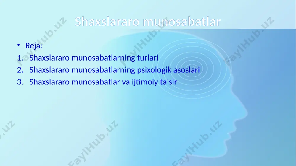 shdagi munosabatlar ta'rifi: ishdagi munosabatlar – bu ish joyidagi odamlar o‘rtasidagi aloqalar, ya'ni hamkasblar, rahbarlar va xodimlar o‘rtasidagi o‘zaro ta'sirlar. xususiyatlari: ishdagi munosabatlar ko‘proq professional va ishbilarmon bo‘lib, o‘zaro hurmat, samarali kommunikatsiya va jamoada ishlash ko‘nikmalarini talab qiladi. psixologik jihatlari: ishdagi munosabatlar stress darajasiga ta'sir qiladi. yaxshi ish munosabatlari yuqori motivatsiya, samaradorlik va farovonlikni ta'minlaydi, ammo ish joyidagi konfliktlar o‘rtacha va past motivatsiyaga olib kelishi mumkin. 4. romantik munosabatlar ta'rifi: romantik munosabatlar – bu o‘zaro sevgi va romantik hissiyotlar bilan bog‘liq bo‘lgan aloqalar. bu turdagi munosabatlar odatda juftliklar o‘rtasida bo‘ladi. xususiyatlari: romantik munosabatlar ko‘pincha hissiy, jismoniy va emotsional aloqalar o‘rtasida bo‘ladi. ular bir-biriga muhabbat, ishonch va baxt keltirishi mumkin. psixologik jihatlari: romantik munosabatlar hissiy o‘sish va o‘zini anglashni ta'minlashi mumkin, ammo ular shuningdek, noqulaylik va stressni keltirib chiqarishi mumkin, ayniqsa agar biror narsa noto‘g‘ri bo‘lsa. 5. ijtimoiy munosabatlar ta'rifi: ijtimoiy munosabatlar shaxsning kengroq ijtimoiy tarmog‘ida, ya'ni qo‘shnilar, do‘stlar, tanishlar va …