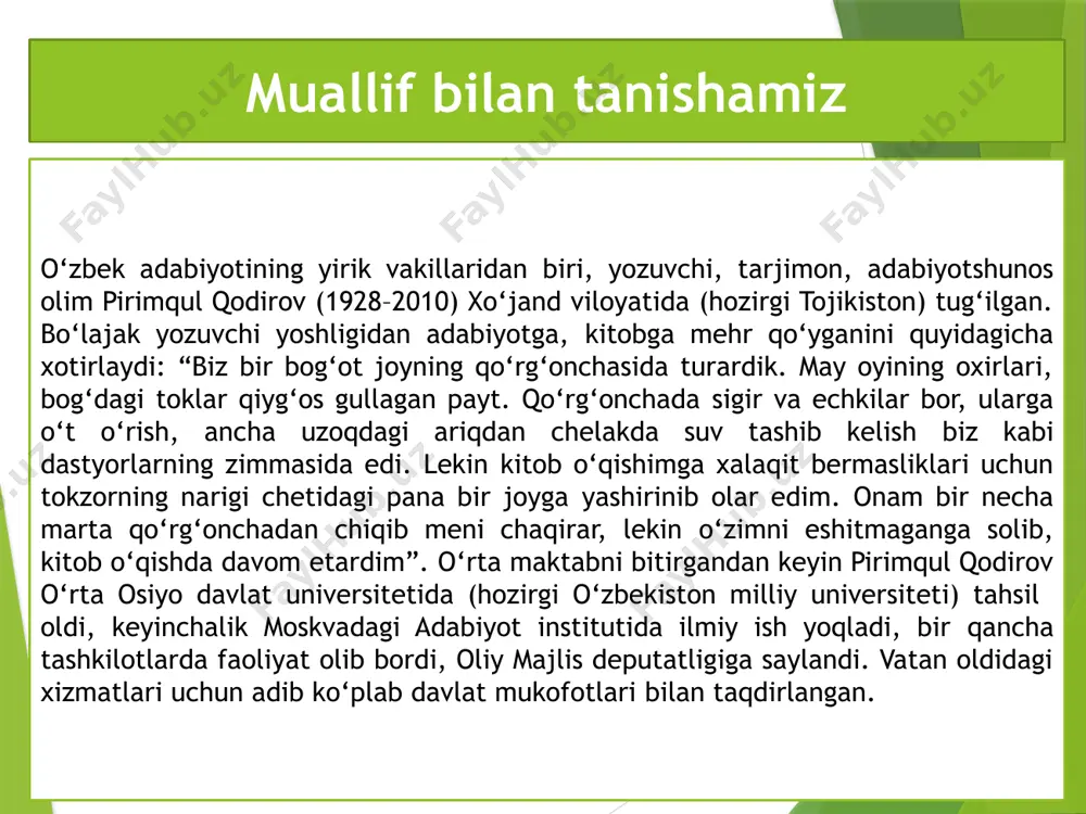 stonda turolmay, ketib qolishlariga ishonardilar. sizningcha, agar bobur zahardan vafot etsa, uning mulozimlari hindistonni tark etgan bo‘larmidi? bu holatda asar voqealari qanday rivojlangan bo‘lardi? 4. o‘lim bilan olishayotgan boburning xayollariga e’tibor bering. nega u aynan ibrohim lo‘diyni esladi? nega hindiston xalqining ko‘nglini olishni o‘yladi? asardan parchani o‘qing, savollarga javob bering 1. bobur hindistonga nima maqsadda kelgan edi? malika baydaning 2. boburni o‘ldirish bilan bog‘liq harakatlarini oqlaysizmi? 3. bobur malika baydaga qanday jazo tayinlaydi deb o‘ylaysiz? 4. malika baydani qanday tasavvur qildingiz? u to‘g‘ri yo‘l tutdimi? 5. nega bobur uni o‘limga hukm qilmadi? boburning qaroridan keyin malika pushaymonlik hissini tuyadi deb o‘ylaysizmi? muhokama qilamiz 1. “yulduzli tunlar” romanidan tanlangan mazkur bob nega “agra: yo hayot, yo mamot” deb nomlangan? bob sizda romanning umumiy g‘oyasi haqida qanday tasavvurlar uyg‘otdi? 2. bobda boburga xos qanday xususiyatlarni kashf etdingiz? fikringizni matn asosida dalillang. 3. pirimqul qodirov bobur haqida shunday yozadi: “amir temur tajribasini eng …