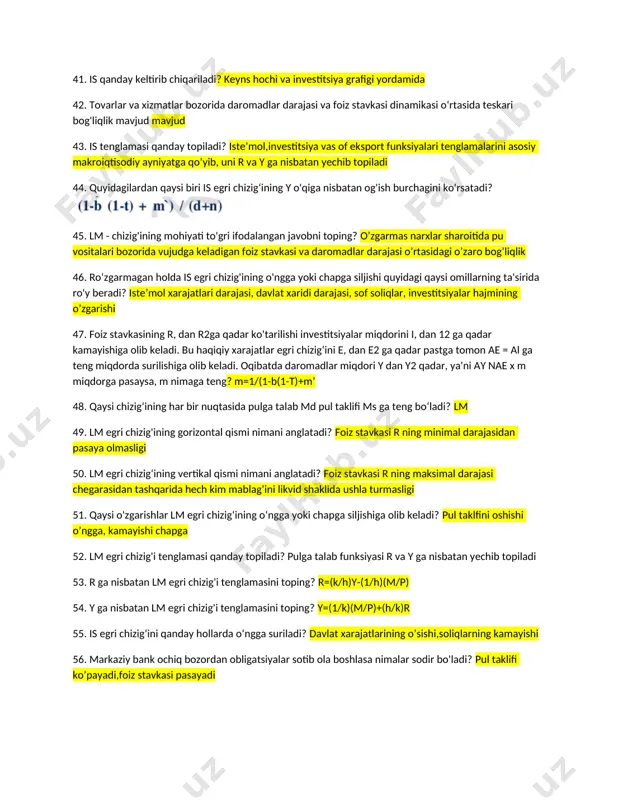oshlab o'zbekistonda inflyatsion targetlash tizimi joriy etildi? 67. yalmni hisoblashning nechta usuli bor? 3 68. yalmni hisoblashning nechta sharti bor? 4 69. qaysi usulda hisoblangan yaimda yakuniy tovarlar va xizmatlar ishlab chiqarishning turli bosqichlarida qo'shilgan qiymatlar yigʻindisi hisoblanadi? ishlab chiqarish usulida 70. tovar va xizmatlarning sotish bahosi bilan ularni ishlab chiqarish uchun foydalanilgan xom ashyo va materiallarni sotib olishga qilingan xarajatlar oʻrtasidagi farq nima deyiladi? qo’shilgan qiymat 71. yalmni xisoblashning ishlab chiqarish usulini boshqacha yana qanday nomlash mumkin? qo’shilgan qiymat 72. uy xo'jaliklarining iste'mol xarajatlari necha qismdan iborat? 3 73. makroiqtisodiyotda investision xarajatlar necha qismdan iborat bo'ladi? 3 74. tovar va xizmatlarning davlat xaridiga (g) qaysi turdagi xarajatlar kiritilmaydi? davlatning transfert to’lovlari 75. iste'mol, investitsiya, davlat xaridi va sof eksport xarajatlari yigʻindisi nimaga teng? yaim 76. ya mni xisoblashning xarajatlar usulini boshqacha yana qanday nomlash mumkin? yakuniy foydalanish 77. yalmni xisoblashning daromadlar usulini boshqacha yana qanday nomlash mumkin? taqsimot 78. …