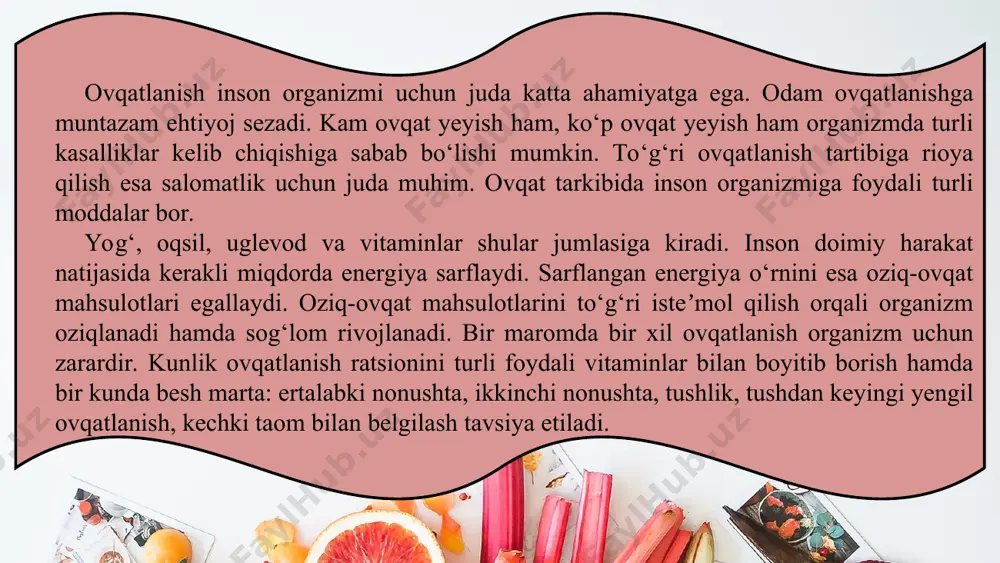 levodlar singari quvvatning manbayi sanaladi. yog‘lar hayvonlar (mol, qo‘y, to‘ng‘iz, parrandalar va hokazo) va o‘simliklar (kungaboqar, zaytun, makkajo‘xori, paxta, yong‘oq kabilar)dan olinadi. yog‘lar taom ta’mini yaxshilaydi va insonni to‘q saqlaydi. biroq ular organizmdan tez chiqib ketmaydi, unda to‘planadi. yog‘ni ortiqcha iste’mol qilish semirishga olib keladi. this presentation uses a free template provided by fppt.com www.free-power-point-templates.com vitaminlar – bizning yashashimiz uchun zarur vositalar sanaladi. ular organizmning turli kasalliklarga qarshilik ko‘rsatishini kuchaytiradi va uning immunitetini ko‘taradi. vitaminlar inson organizmiga hayvonlar va o‘simliklardan olingan oziq-ovqatlar orqali o‘tadi. mineral moddalar – oziq-ovqatlarning barcha turlariga oz bo‘lsa-da kiradi. hammasi bo‘lib 30 dan ortiq minerallar va mikroelementlar mavjud, ularsiz organizmning to‘laqonli faoliyati bo‘lishi mumkin emas. this presentation uses a free template provided by fppt.com www.free-power-point-templates.com suv – tiriklikning dastlabki manbayi. u ham yuqorida tilga olinganlar qatori oziq-ovqatning muhim komponentlaridan biri hisoblanadi. suv oziq-ovqatlarning singishi, qoldiqlarning (zararli moddalarning) chiqishi va tanada mo‘tadil haroratni ushlab turish uchun hayotiy …