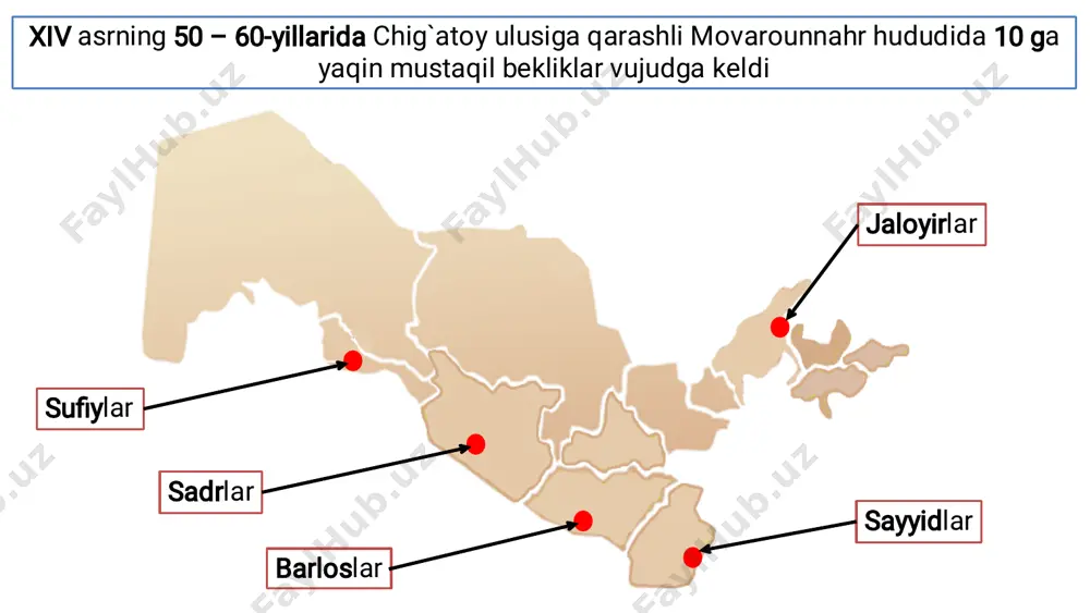 ultoyda amir temurning hukmdorligi rasman tan olinib, u movarounnahrning amiri deb e'lon qilinadi. markazlashgan davlatning tashkil topishi • • • sharqiy turkistonga hujum mo`g`ul xoni kepakka zarba berish (farg`ona, o`tror, sayram) hisor, badaxshon, qunduz bo`ysundirildi 1370-71-yil • • zinda chashmga zarba berdi va afg`onistonning shibirg`on viloyati bo`isundirildi balx va toshkent viloyatlari ham egallandi 1371-yil bahori • • 1371, 1373, 1375, 1379, 1388 yillar xorazmga yurish- yusuf so`fi faoliyati 5 marotaba yurish 3-yillik. 1386 – 1388- janubiy ozarbayjon, shimoliy iroq, gurjiston 5- yillik. 1392 – 1396- g`arbiy eron, iroq, kavkaz 7-yillik. 1399 – 1404- halab, hums, damashq, bag`dod va turkiya to`xtamish bilan bo`lgan jang 1389 yil-dizak 1391 yil-qunduzcha 1395 yil-terek panipat janggi urushi 1398 yil maydan – 1399 yil martigacha davom etgan. dehli hokimi sulton mahmud panipat janggida mag`lub bo`ldi. temur qariyb 11 oy davom hindiston zabt etdi. u yerda ko`p qullar va boyliklarni, shu jumladan 120 ta jangovar filni qo`lga …