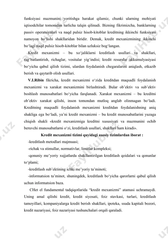 dagi asosiy tizimlardan iborat : -kreditlash metodlari majmuasi; -richak va stimullar, normativlar, limitlar kompleksi; -qonuniy me’yoriy xujjatlarda shakllantirilgan kreditlash qoidalari va qonunlar to‘plami; -kreditlash sub’ektining ichki me’yoriy ta’minoti; -informatsion ta’minot, shuningdek, kreditlash bo‘yicha qarorlarni qabul qilish uchun informatsion baza. chet el fundamental tadqiqotlarida “kredit mexanizmi” atamasi uchramaydi. uning amal qilishi kredit, kredit siyosati, foiz stavkasi, turlari, kreditlash tamoyillari, kompaniyalarga kredit berish shakllari, ipoteka, ssuda kapitali bozori, kredit nazariyasi, foiz nazariyasi tushunchalari orqali qaraladi. “kredit mexanizmi” kategoriyasi bo‘yicha rossiyalik iqtisodchilar orasida yagona fikrga kelinmaganligi kreditlash nazariyasi va amaliyotdagi muammoni echilmaganligini ko‘rsatadi. shu bilan birga, kredit mexanizmi moxiyatini turlicha talqin qilinishi bu kategoriyaga turlicha yondashilganligi bilan tushuntiriladi. kredit mexanizmi tuzilishini zamonaviy bozor iqtisodiyoti sharoitida mos ishlab chiqish masalasini qo‘yib, uni o‘z ichiga kredit siyosati, kredit mexanizmlari institutsional asosi, kredit tizimi tashkilotlari darajasi va prinsplari, uning infrastrukturasi, kreditor va qarz oluvchilarning orasidagi o‘zaro aloqalarini olishi kerak deb xisoblash mumkin. bunda kredit jarayoni boshqaruvi …