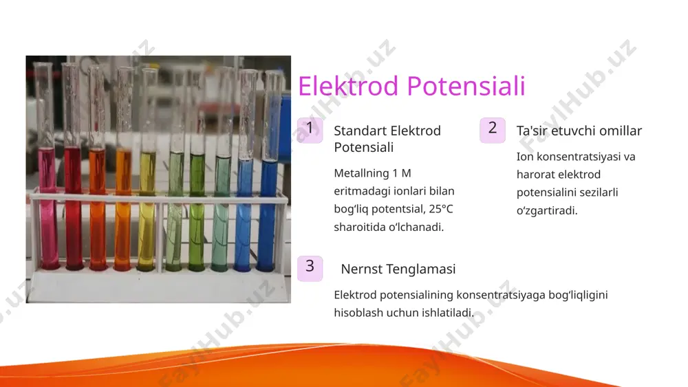 tо`planib, uni manfiy zaryadlaydi. metall sathiga yaqin turgan suyuqlik qatlamida kationlarning jamlanishi tufayli eritma musbat zaryadlanadi. natijada plastinka sathidagi elektronlar va suyuqlik qatlamidagi kationlardan tashkil topgan qо`sh elektr qavati vujudga keladi galvanik elementlarda kimyoviy energiya elektr energiyasiga aylanadi. masalan, mis va rux elektrodlaridan tashkil topgan elementda elektr energiyasi, rux elektrodida ruxning oksidlanishi ( ) va mis elektrodida misning qaytarilishi ( ) hisobiga hosil bо`ladi: rux plastinkasida tо`planayotgan (ruxning rux ionlariga aylanishi hisobiga) elektronlar о`tqazgich orqali mis plastinkasiga о`tib mis ionlarini qaytaradi elementda elektr tokining o’tishi quyidagicha umumiy formula bilan ifodalanadi: agar ushbu galvanik elementga tashqaridan tok berilsa quyidagicha reaktsiya sodir bо`ladi. kerakli asbob va reaktivlar: akkumlyator; reoxord; galvanometr; normal kadmiyli element; bir qutbli ulagich kalit; ikki qutbli ulagich kalit; 2 ta elektr o’chirgich kalit, kalomel elektrod, rux elektrod, mis elektrod, vodorod elektrodi, mis simlar, xingidron kristali, eritmalar: 0,1 n va 0,01 n li cuso4; 0,1 n va 0,01 n li …