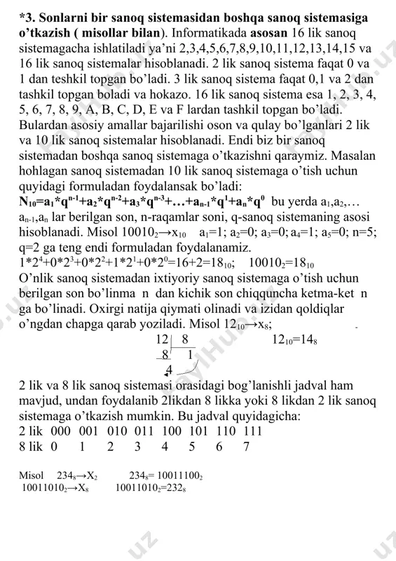 000 001 010 011 100 101 110 111 8 lik 0 1 2 3 4 5 6 7 misol 2348→x2 2348= 100111002 100110102→x8 100110102=2328 *4. har xil sanoq sistemalarida qo’shish amali. ( misollar bilan). aralash holda kelgan sanoq sistemalari o’rtasida arifmetik amallar bajarish uchun barcha sonlarni qulay bo’lgan bir xil sanoq sistemasiga o’tkazib so’ngra ular ustida arifmetik amallar bajarish mumkin. barcha sanoq sistemalari ichida arifmetik amal bajarish uchun ikkilik va o’nlik sanoq sistemalari qulay hisoblanadi. sanoq sistemalari orasidagi arifmetik amallar xuddi matematikadagi kabi arifmetik amallar ketma ketligi bo’yicha bajariladi.oldin qavs ichidagi amallar, ko’paytirish va bo’lish amali, so’ng qo’shish va ayirish. misol 2016+108=x 2016→x10 n10=2*16+0*1=3210; 108→x10 n10=1*8=810 3210+810=4010; javob: 4010; *5. c++ tilida tarmoqlanuvchi dastur tuzish (misollar bilan) tarmoqlanishni amalga oshirish uchun shartli operatordan foydalaniladi. if – else operatori: shart operatorining if – else ko‘rinishi quyidagicha: if (shart-ifoda) {operator1}; else {operator2};.bu yerda 0 qiymatidan farqli yoki true bo‘lsa , aks holda …