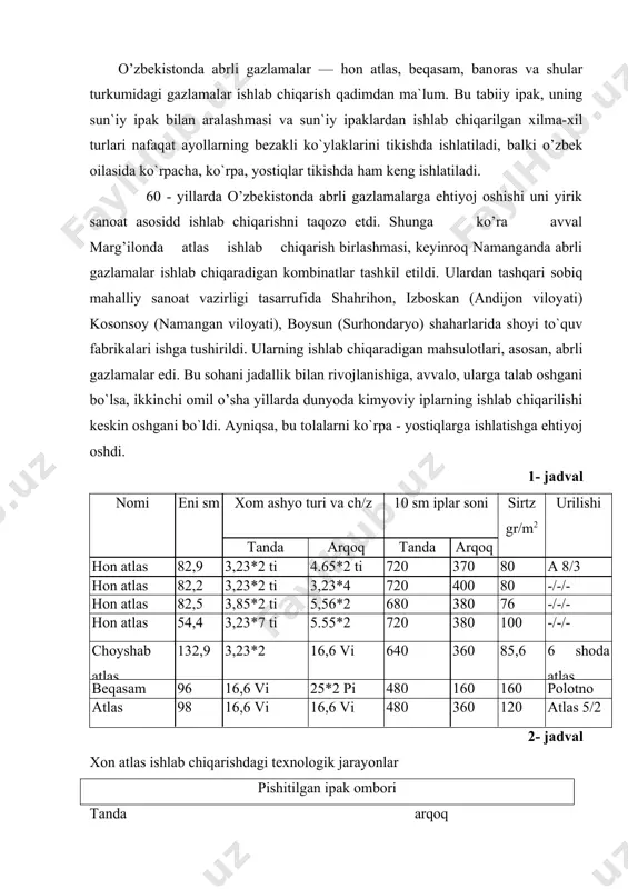 ntirish (siqish) qoqish, quritish qoqish, quritish suvsizlantirish bobinaga qayta o`rash kalavadan bobinaga qayta o’rash bobinadan naychaga o’rash libitlash naqsh izini tushirish libitlarni bog`lash, avrband jarayoni libitlarni ivitish libitlarni asosiy ranga bo’yash kosa bo’yoq; usulida atlasdagi ranglar soniga qarab aytarish ш bo`yalgan libitlarni tandaga oylash abr iplarini echish ochdi-qo`shdi,tanda libitlarini naqsh bo`yicha to’g’`rilab,tikuv g’altagiga o’raш taqovat qilish va tig`dan o`tqazish abrli tandalarni taroqdash shoda bog` solish,tig`dan o`tqazish yoki ulaш to’quvchilik ат stb hon atlas gazlamalarini ishlab chiqarish texnologiyasidagi o’ziga hoslik iplarning, ayniqsa, tanda tayyorlashda ko’p o’timligidir. agar klassik shoyi gazlamalarda, masalan, krepdeshin ishlab chiqarishda to’quv korxonasiga keltirilgan kalava holdagi ipakni qayta o’rash, tandalash va shoda terishdan keyin to’quvchilikka keltiriladi. hon atlas ishlab chiqarishda bu o’timlarning soni ancha ko’p. kleysizlantirish / qaynatish / - tabiiy ipakdagi sericin moddasini km-10 mashinasida yuvib, chiqarib yuborish. bunda sovun, ishqor va sirka kislotasidan foydalaniladi. suvsizlantirish /siqish/ -tabiiy ipakdan smv-1600 mashinasida markazdan qo`shimcha kuch yordamida ortiqcha suvni …