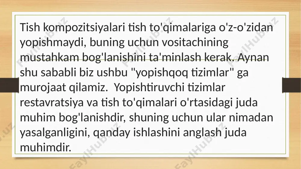 nchi avlod yopishtiruvchi tizimlar emalga juda kuchli yopishadi, ammo dentinga minimal darajada. yopishish mexanizmi tishlarning bir qismi bo'lgan kaltsiy va bog'lanishning o'zaro ta'siri orqali amalga oshiriladi. biroz vaqt o'tgach, operatsiyadan keyingi sezgirlik paydo bo'ldi, chunki dentindagi tiklash "osilgan", bor kuchi bilan emalni ushlab turgan. ushbu avlod yopishtiruvchi tizimlarni faqat iii va v sinfdagi bo'shliqlar bilan ishlatish tavsiya etilgan. 2-avlod yopishtiruvchi tizimlar ikkinchi avlod yopishtiruvchi tizimining birinchisidan asosiy farqi shundaki, bu yopishtiruvchi ilgari ishlatilmagan moylangan qatlam bilan o'zaro ta'sir qiladi. ammo bu yaxshilanish faqat og'izda tiklanishni saqlash muddatini biroz oshirishga yordam berdi. operatsiyadan keyingi sezgirlik hali ham kuzatilgan va tiklanishlarning uchdan bir qismi bir yildan keyin almashtirishni talab qiladi. 3-avlod yopishtiruvchi tizimlar bir muncha vaqt o'tgach, olimlar ikki komponentli yopishqoq tizimni ishlab chiqara oldilar, bu esa kompozitning ham emalga, ham dentinga yopishishini ta'minladi (adezyon qiymatlari 8-15 mpa), ammo, ehtimol, bu hali ham etarli emas edi. operatsiyadan keyingi sezgirlik sezilarli darajada kamaydi …