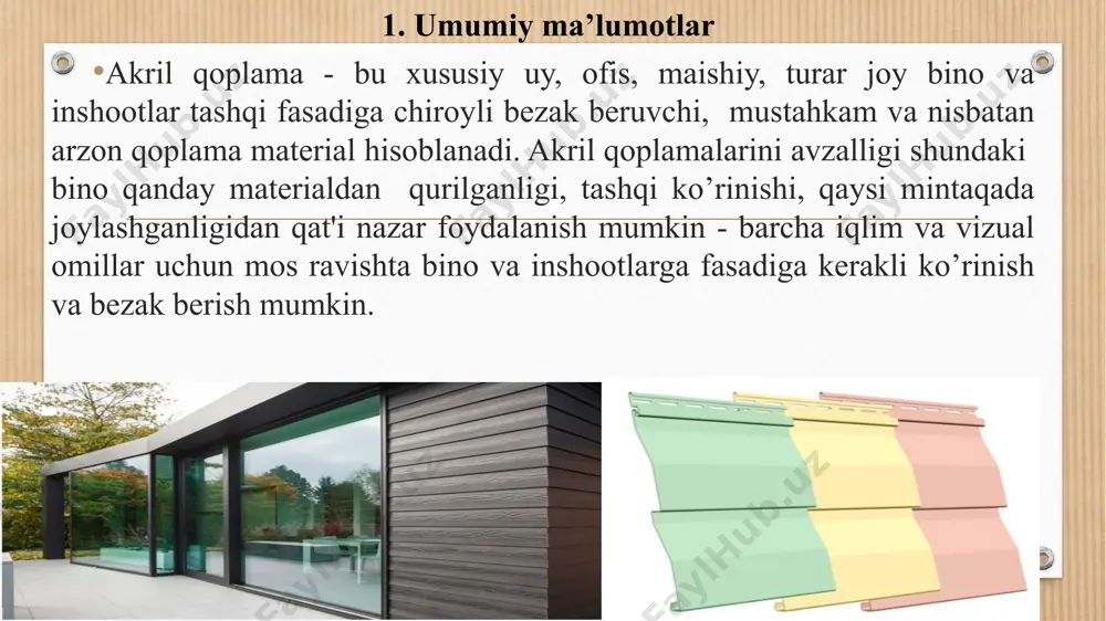 adi, haroratni o’zgarishi oqibatida akril qoplamalari shaklini o’zgartirmaydi. shunda ular isitish yoki sovutishdan keyin kerakli pozitsiyani egallashlari mumkin. akril material qattiqroq va deyarli deformatsiyalanmaydi, bu ham vinilga nisbatan shubhasiz afzallikdir. shu bilan birga, akril o'zining mustahkamligi va yuqori mexanik xususiyatlarini saqlab qoladi. akril qoplamalarini ishlab chiqarish texnologiyasi akril qoplamalarni ishlab chiqarish texnologiyasining prinsipi vinil qoplamalarini ishlab chiqarish texnologiyasidan farq qilmagan xolda asosiy prinsiplari o’zgarmaydi. qayta ishlash usuli: asa + pvx ko-ekstruziyasi. asa - tashqi qatlam, pvx - panellarning ichki qatlami (xarajatlarni minimallashtirish uchun). xom ashyoni eritish va bo'yash. rang berish uchun polimer massaga dozatorlar yordamida bo’yoqlar qo’shiladi. eritilgan akril yoki pvx hom ashyo massasi ekstrudir tirqishidan siqib chiqarilib qolipga quyiladi, shundan so'ng rulon shaklidagi masssa shakl beruvchi uskuna poliklari orasidan o’tkazilib shakl va tekstura beriladi. ushbu roliklar panelning old yuzasiga kerakli teksturani "bosib qo'yadi". so’ngra shakl berish uskunasida (kalibrator uskunasi) shakl beriladi va sovitilad. monraj qilish uchun mo’ljallangan teshikchalarni o’rnatish …