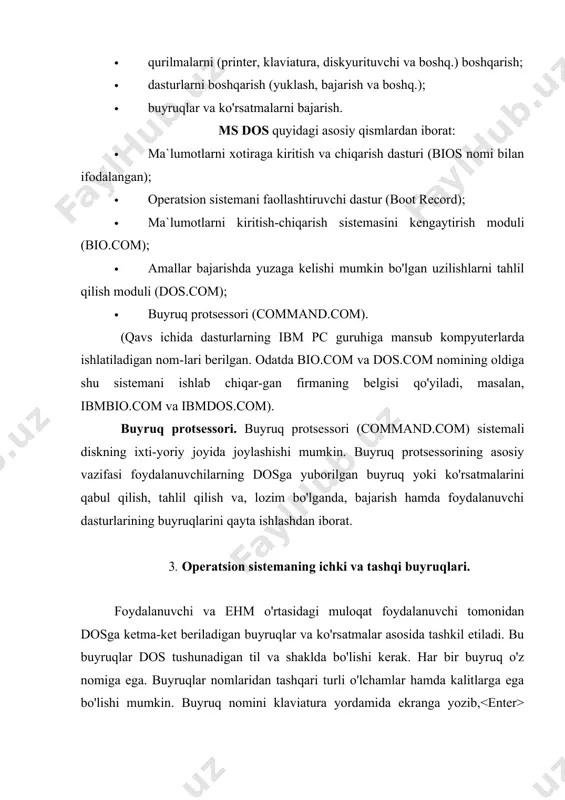 ri asosida xotirada kam joy egallaydigan, kompyuter ichki resurslarini optimal boshqaradigan va bir vaqtda bir necha xil dasturlarning ishlashini ta`minlay oladigan sistemalarning yaratilishiga olib keldi. natijada 1990 yilda windows 3.0 dasturlar tizimi yaratildi. uning asosiy afzalligi bir vaqtda bir nechta dasturlar bilan ishlash imkoniyatidir. windows 3.0 to'la jadval rejimda ishlashi foydalanuvchining kompyuter bilan muloqatini engillashtirdi. lekin u ms-dos operatsion sistemasi boshqaruvida ishga tushirilishi sababli mustaqil operatsion sistema emas, balki grafik muxit sifatida tan olindi. 1995 yilning sentyabr oyida ibm pc kompyuterlari uchun ishlab chiqilgan windows-95 birinchi grafik operatsion sistema bo'ldi. "window" inglizcha so'z bo'lib, o'zbekchada "oyna", "lavha" deb, windows so'zi esa "oynalar", "lavhalar" deb tarjima qilinadi. mazkur sistemaning boshqalardan farqli tomoni shundaki, uning yordamida bir vaqtda ham matnli, ham grafikli, ham hisob-kitobli, ham turli boshqaruv dasturlarini ishlatish imkoniyati mavjud. shu bois uni gohida integrallashgan sistema, deb ham ataydilar. foydalanuvchi uchun barcha qulayliklarga ega bo'lgan bunday operatsion sistemaning yaratilishi jadallik bilan …