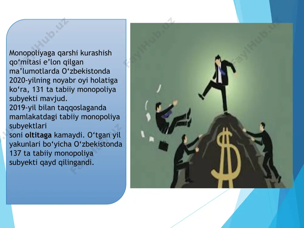 3. narx ustidan to’liq nazoratning mavjudligi. agar sof raqobat sharoitida ishlab chiqaruvchi mavjud narxlarga “ko’nikishga” majbur bo’lsa, sof monopoliya sharoitida ishlab chiqaruvchi barcha taklif hajmini belgilab berganligi uchun narx ustidan to’liq nazoratga ega bo’ladi. agar mahsulot narxi tushib ketguday bo’lsa, u mahsulot ishlab chiqarish hajmini qisqartirish orqali narxni tartibga solishi mumkin. 4. tarmoqqa kirishda to’siqlarning mavjudligi. sof monopolist uchun raqobatchilarning mavjud bo’lmasligi tarmoqqa kirish uchun ma‟lum iqtisodiy, texnik, huquqiy va boshqa turdagi to’siqlar qo’yilishi bilan izohlanadi. sof monopoliya – tarmoqdagi yagona ishlab chiqaruvchi yoki sotuvchining narx va ishlab chiqarish hajmini bеlgilashdagi yakkahukmronlik holati hisoblanadi. o’zbеkistonda sof monopoliyalar sifatida «o’zbеkiston havo yo’llari» dak, «o’zbеkiston tеmir yo’llari» dak, ular o’z tarmoqlaridagi tеgishli faoliyatlarning yagona ishlab chiqaruvchisi hisoblanadilar. o’zbеkistonda raqobatchilik muhitining vujudga kеlishi va monopoliyaga qarshi qonunchilik. iqtisodiyotda davlat monopolizmining har qanday namoyon bo’lishini maksimal darajada bartaraf etish. buning uchun tadbirkorlikni rivojlantirish va iqtisodiyotni davlat tomonidan boshqarish tizimini takomillashtirish uchun nisbatan qulay shart-sharoitlarni …